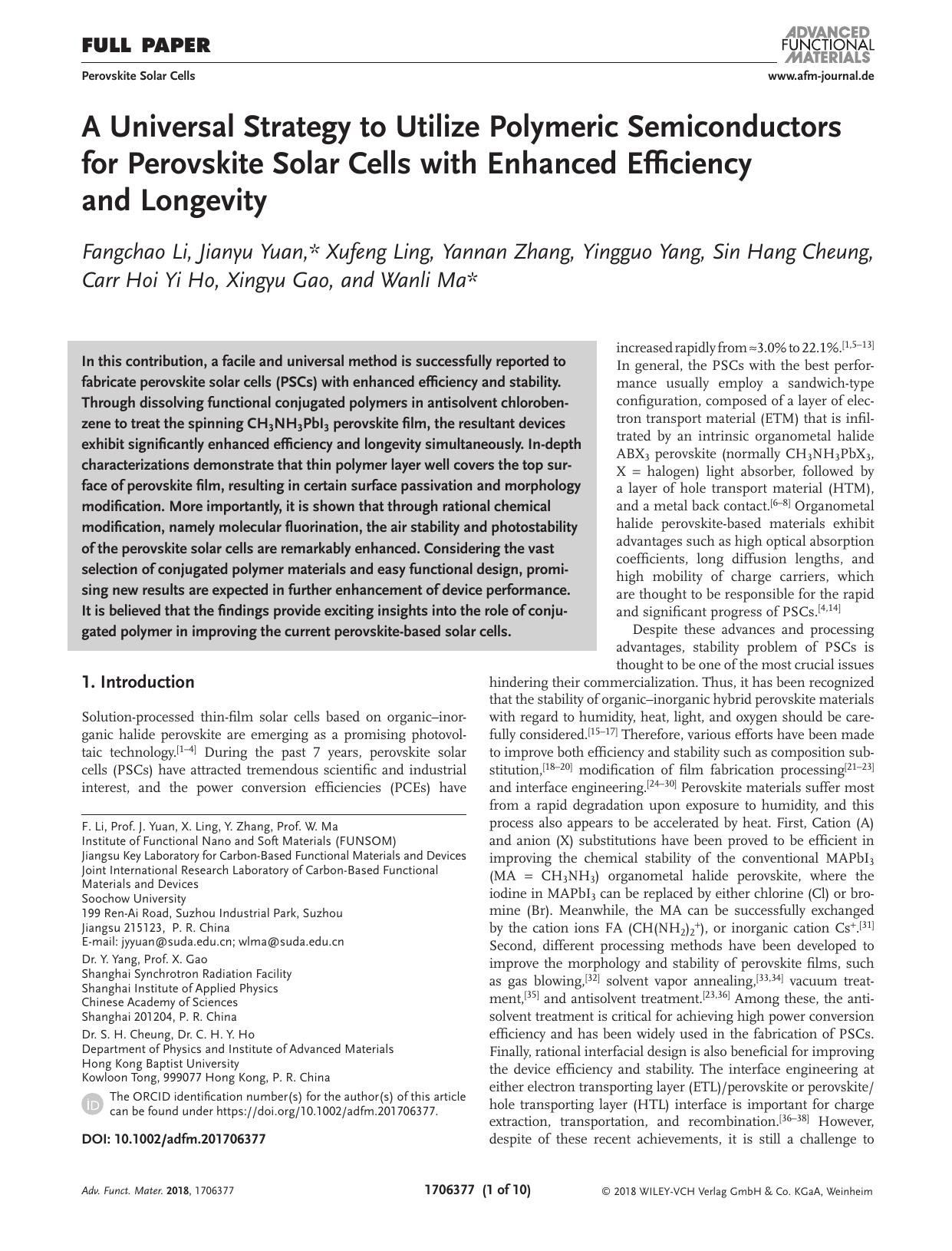 A Universal Strategy to Utilize Polymeric Semiconductors for Perovskite Solar Cells with Enhanced Efficiency and Longevity by Unknown