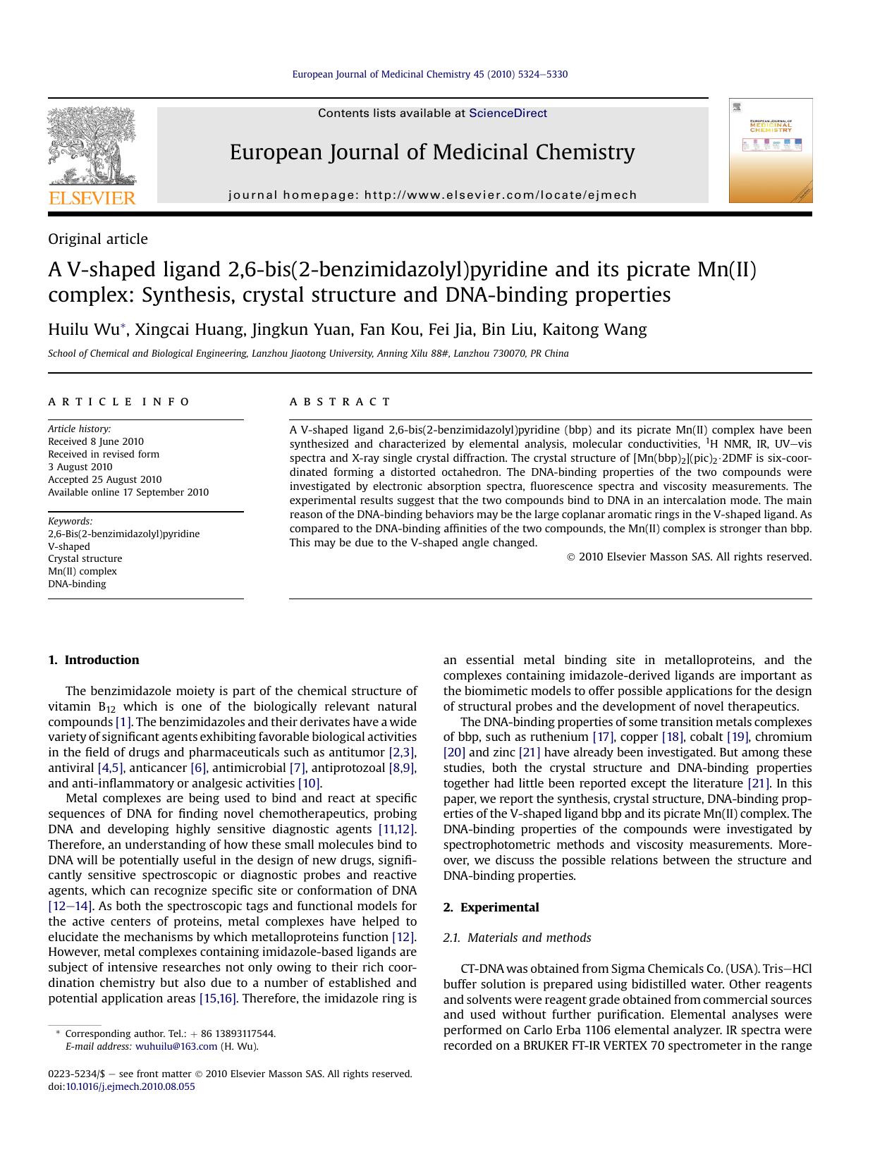 A V-shaped ligand 2,6-bis(2-benzimidazolyl)pyridine and its picrate Mn(II) complex: Synthesis, crystal structure and DNA-binding properties by Huilu Wu & Xingcai Huang & Jingkun Yuan & Fan Kou & Fei Jia & Bin Liu & Kaitong Wang