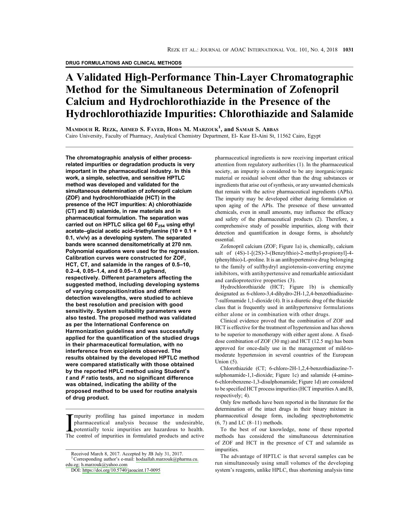 A Validated High-Performance Thin-Layer Chromatographic Method for the Simultaneous Determination of Zofenopril Calcium and Hydrochlorothiazide in the Presence of the Hydrochloroth by Mamdouh R. Rezk ; Ahmed S. Fayed ; Hoda M. Marzouk ; Samah S. Abbas