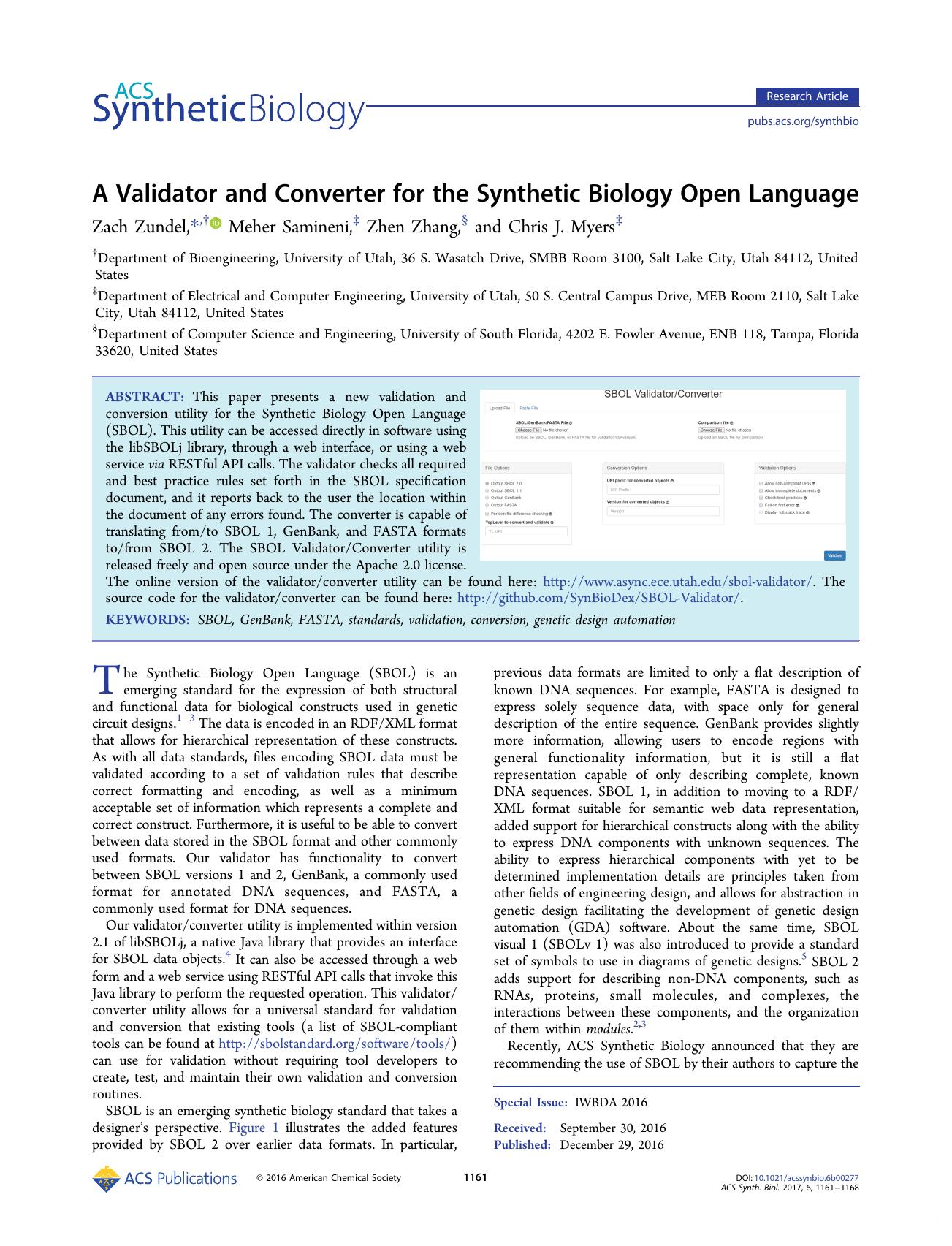 A Validator and Converter for the Synthetic Biology Open Language by Zach Zundel Meher Samineni Zhen Zhang and Chris J. Myers