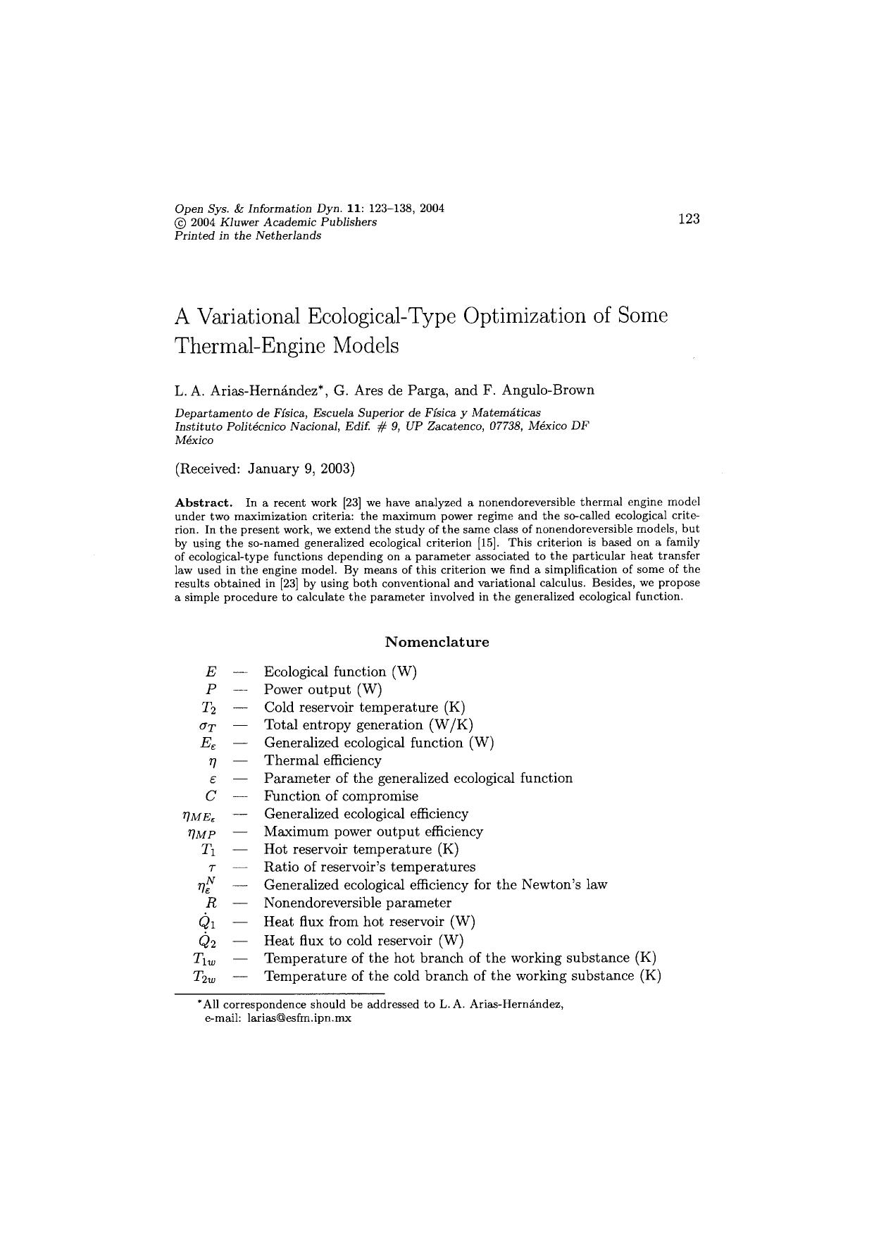 A Variational Ecological-Type Optimization of Some Thermal-Engine Models by Unknown