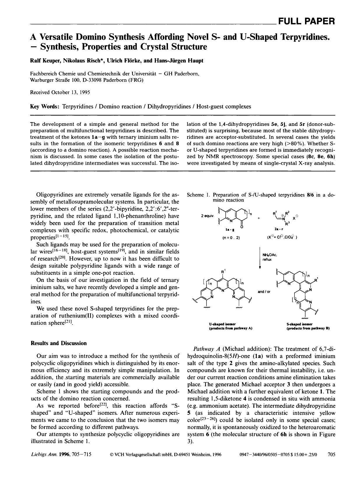 A Versatile Domino Synthesis Affording Novel S- and U-Shaped Terpyridines. - Synthesis, Properties and Crystal Structure by Unknown