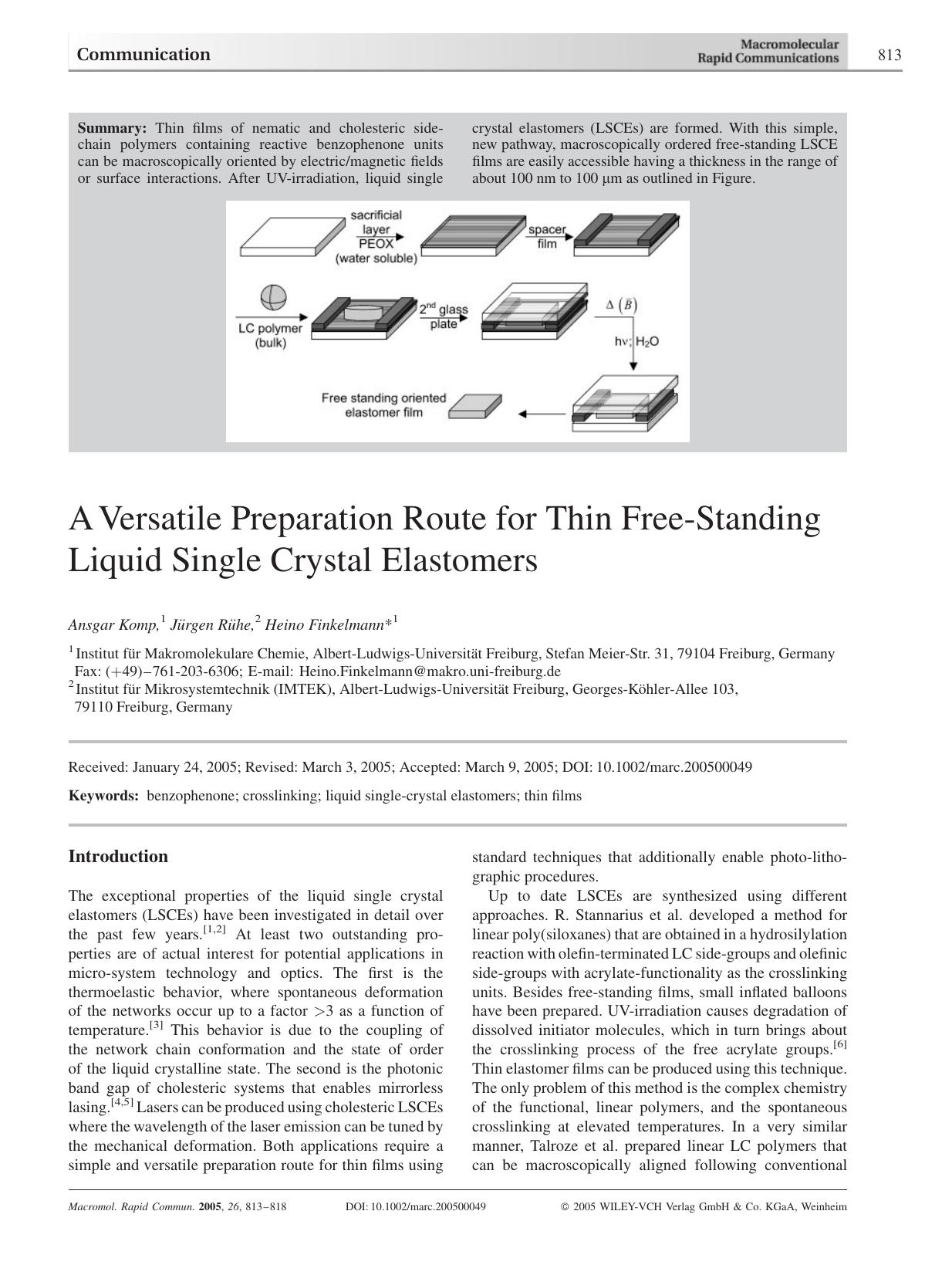 A Versatile Preparation Route for Thin Free-Standing Liquid Single Crystal Elastomers by Unknown