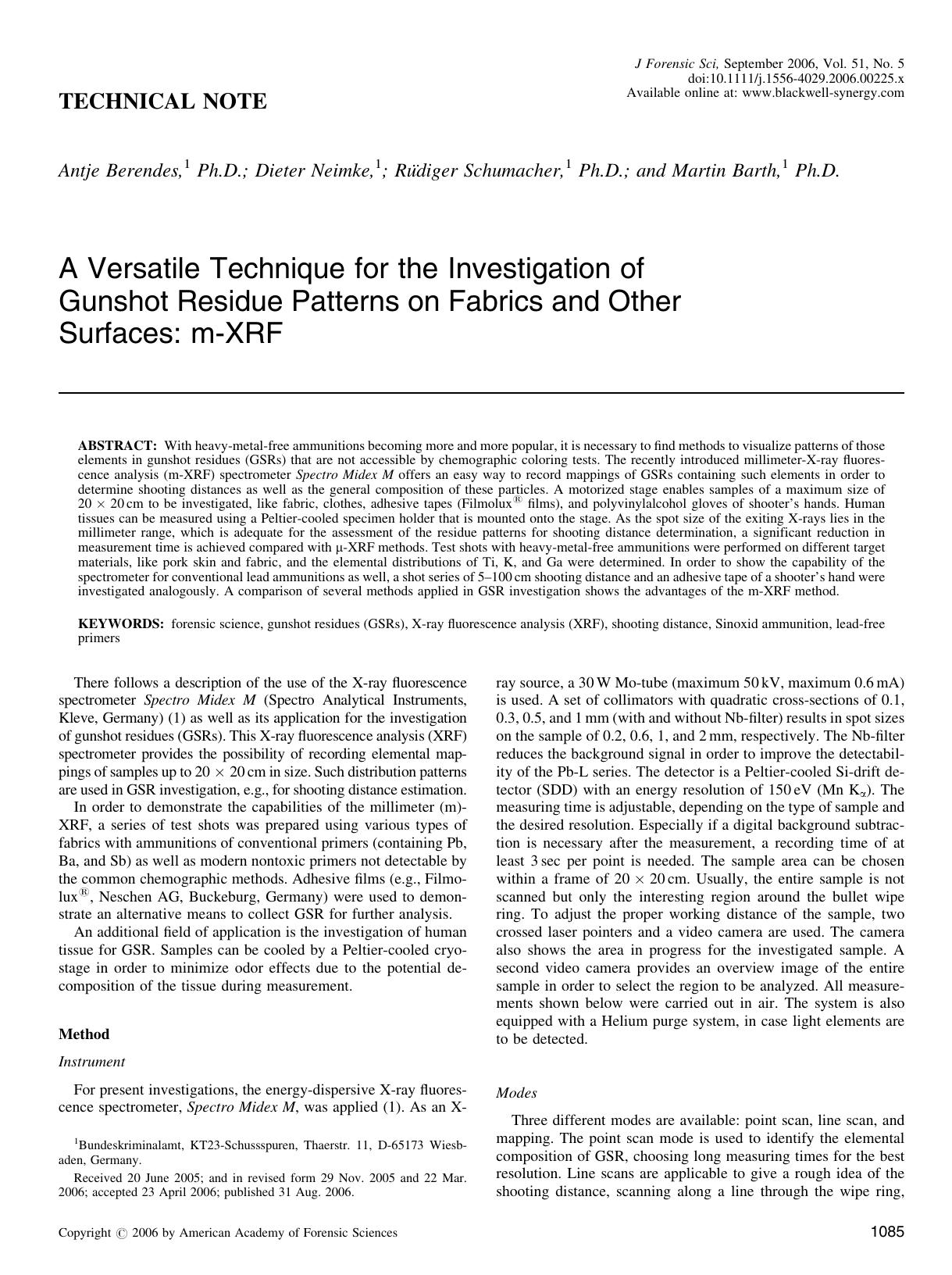 A Versatile Technique for the Investigation of Gunshot Residue Patterns on Fabrics and Other Surfaces: m-XRF by Unknown