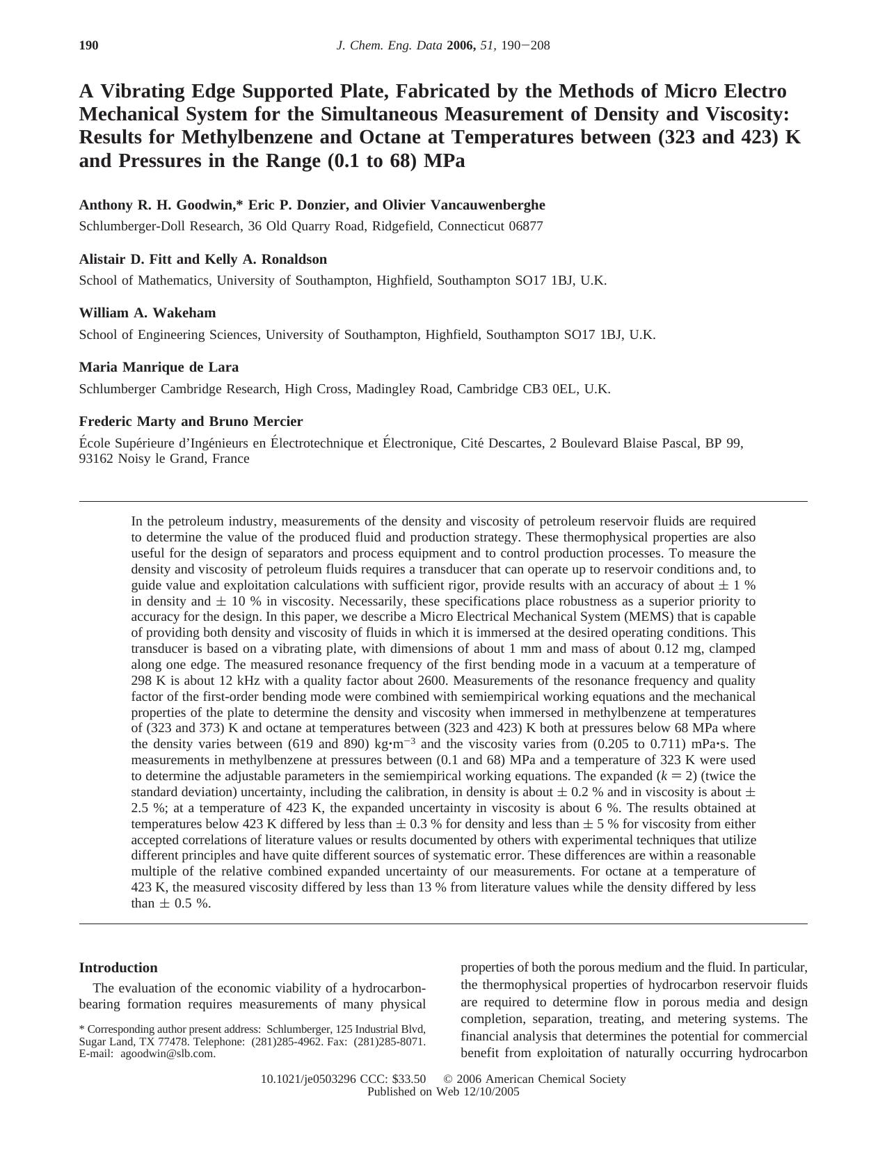 A Vibrating Edge Supported Plate, Fabricated by the Methods of Micro Electro Mechanical System for the Simultaneous Measurement of Density and Viscosity: Results for Methylbenzene by unknow
