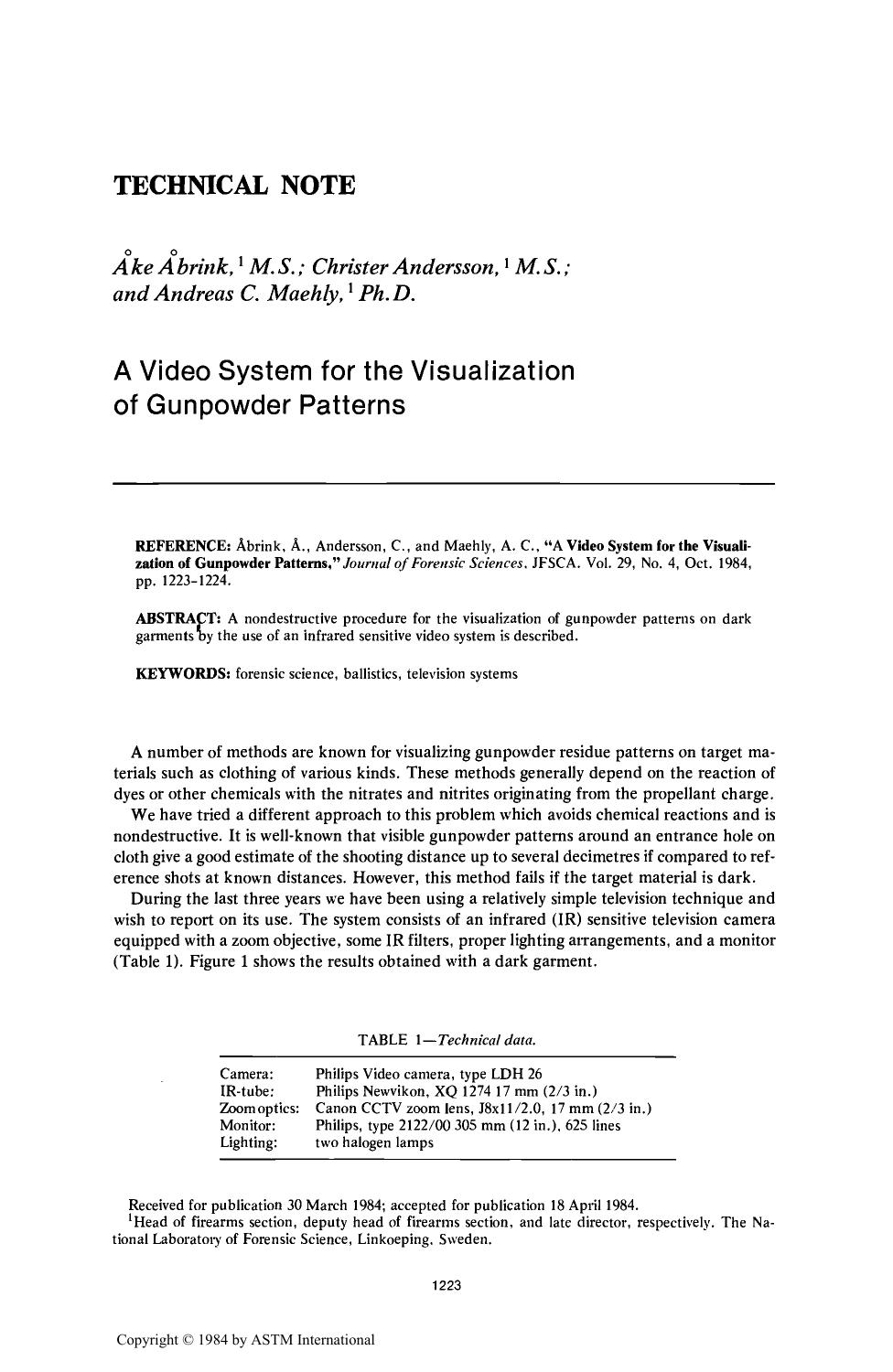 A Video System for the Visualization of Gunpowder Patterns by Aring;brink & Aring; Andersson C Maehly AC