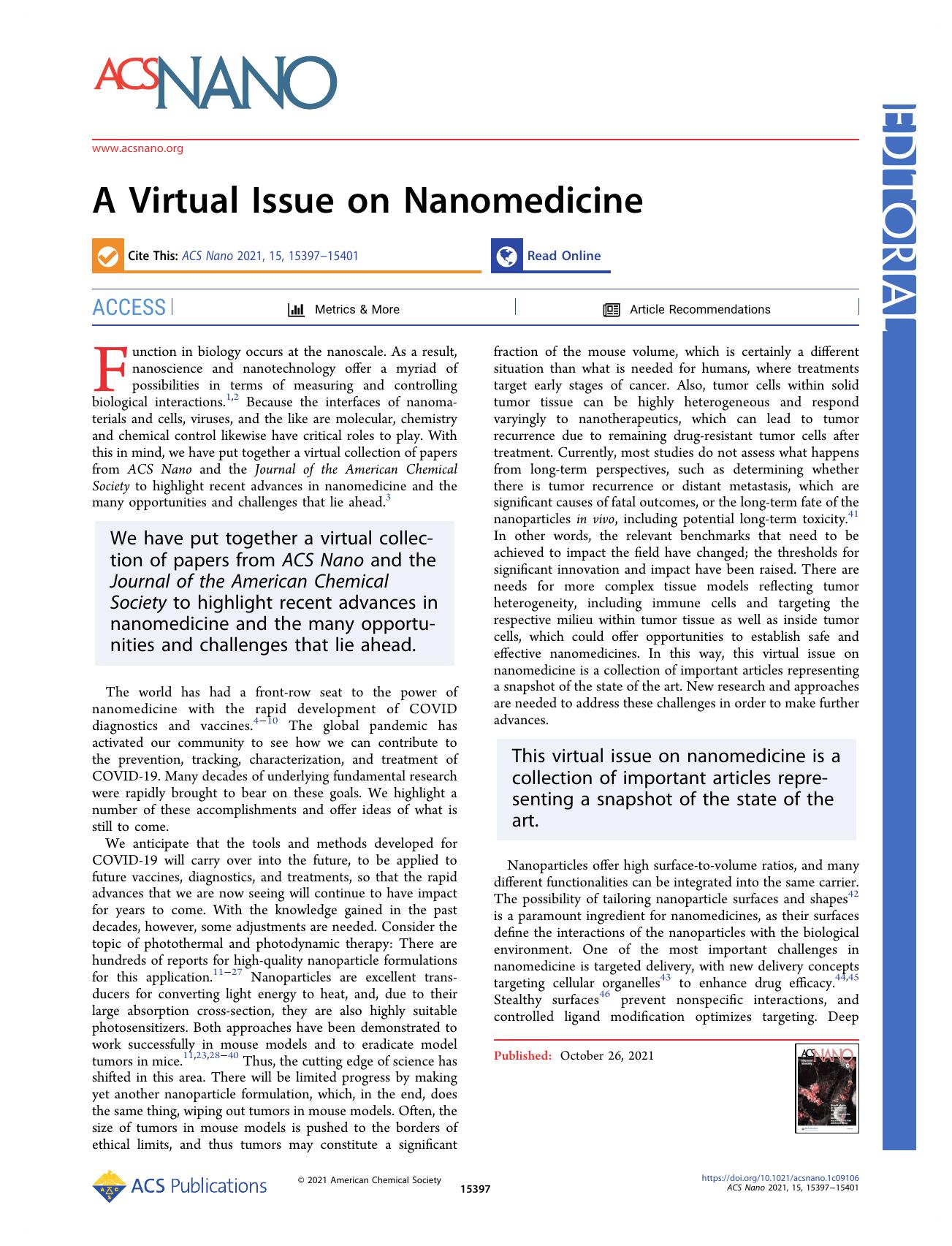 A Virtual Issue on Nanomedicine by Wolfgang J. Parak Tanja Weil and Paul S. Weiss