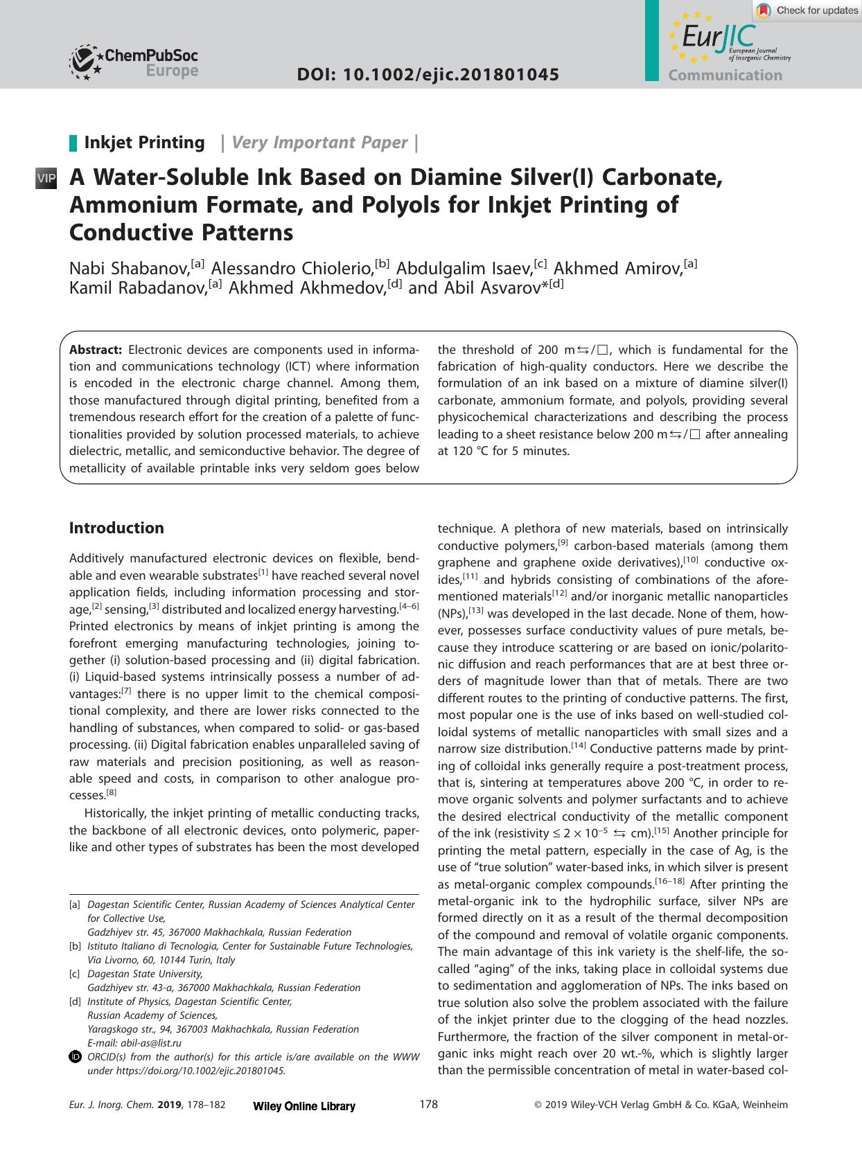 A WaterâSoluble Ink Based on Diamine Silver(I) Carbonate, Ammonium Formate, and Polyols for Inkjet Printing of Conductive Patterns by Unknown