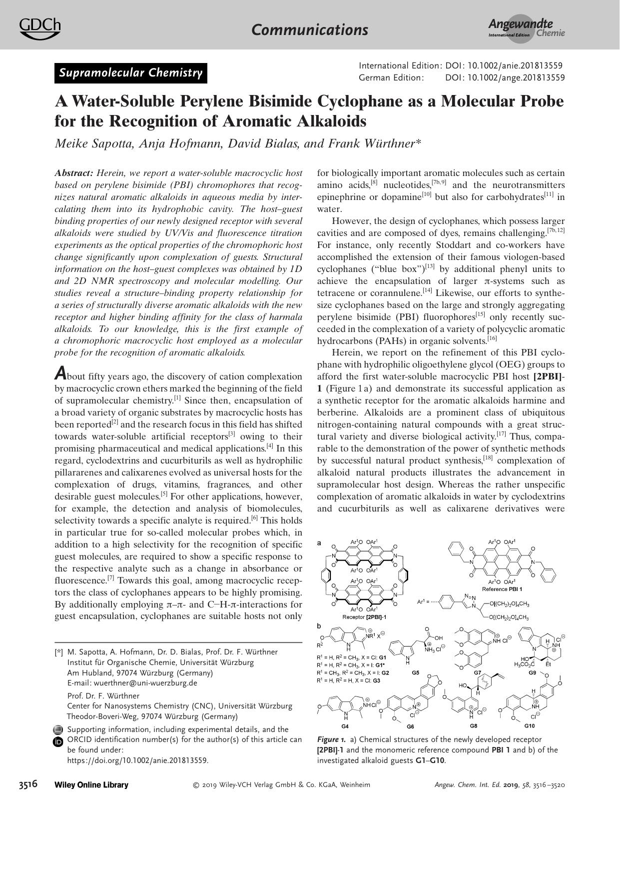 A WaterâSoluble Perylene Bisimide Cyclophane as a Molecular Probe for the Recognition of Aromatic Alkaloids by Unknown