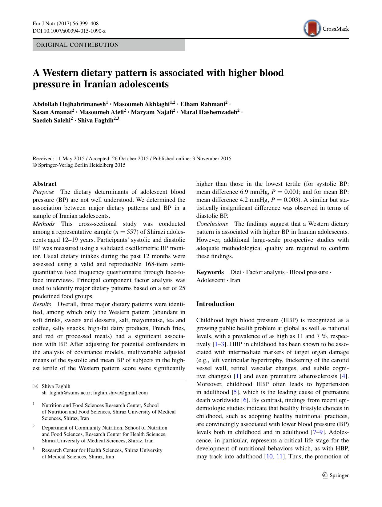 A Western dietary pattern is associated with higher blood pressure in Iranian adolescents by unknow