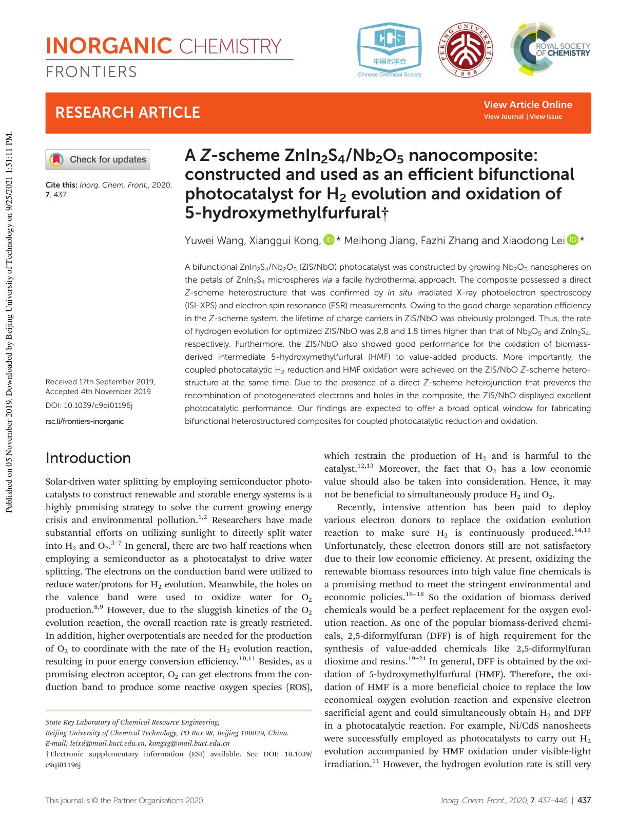 A Z-scheme ZnIn2S4Nb2O5 nanocomposite: constructed and used as an efficient bifunctional photocatalyst for H2 evolution and oxidation of 5-hydroxymethylfurfural by Yuwei Wang Xianggui Kong Meihong Jiang Fazhi Zhang Xiaodong Lei