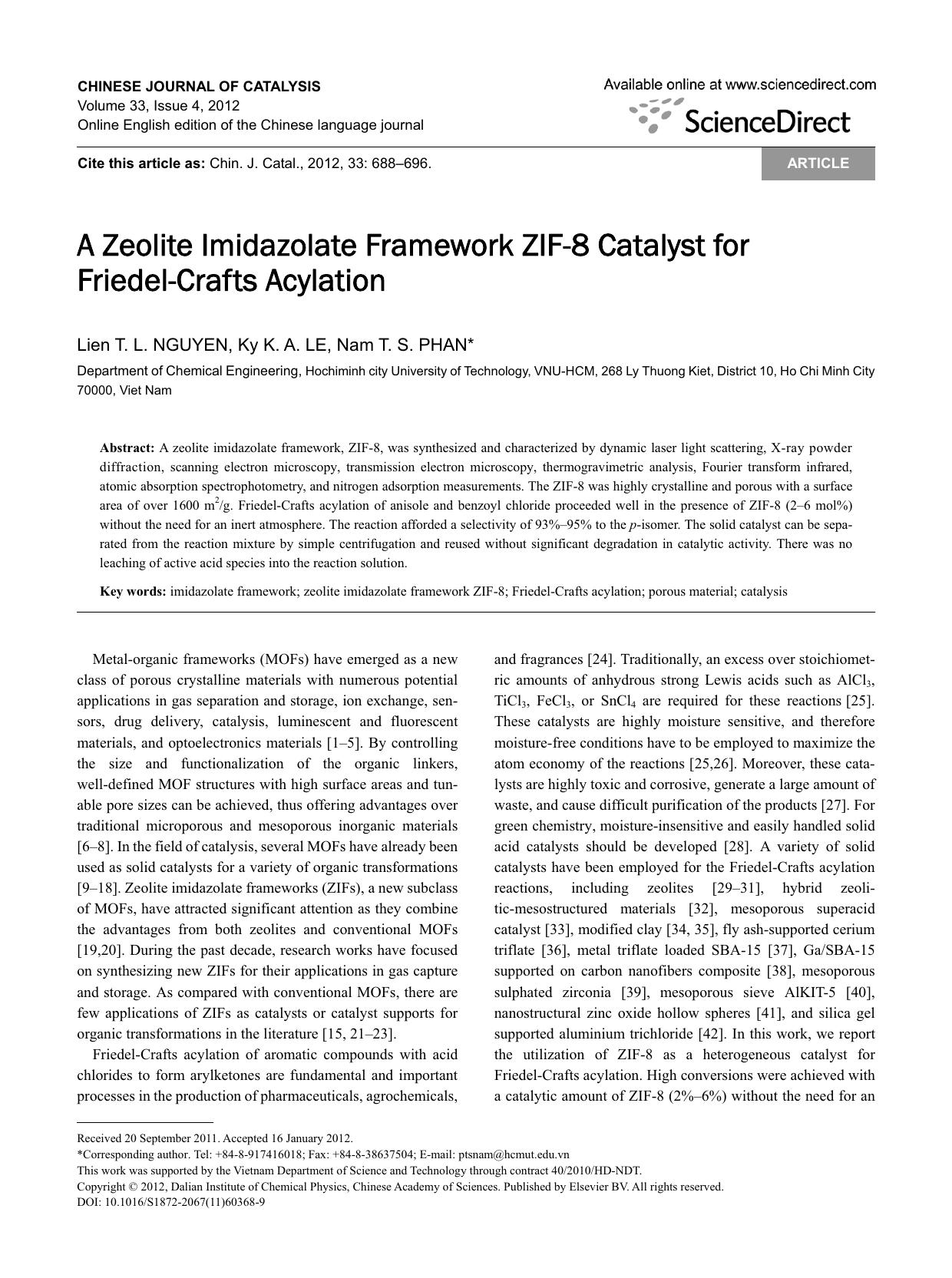 A Zeolite Imidazolate Framework ZIF-8 Catalyst for Friedel-Crafts Acylation by Lien T.L. NGUYEN & Ky K.A. LE & Nam T.S. PHAN