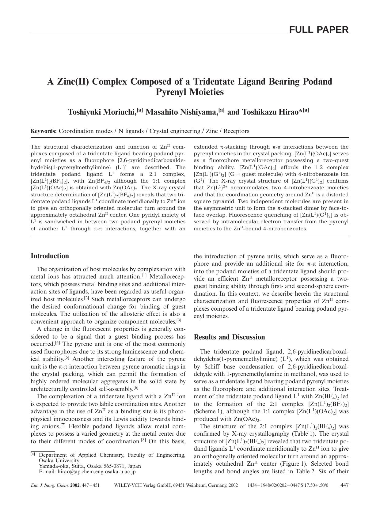 A Zinc(II) Complex Composed of a Tridentate Ligand Bearing Podand Pyrenyl Moieties by Unknown
