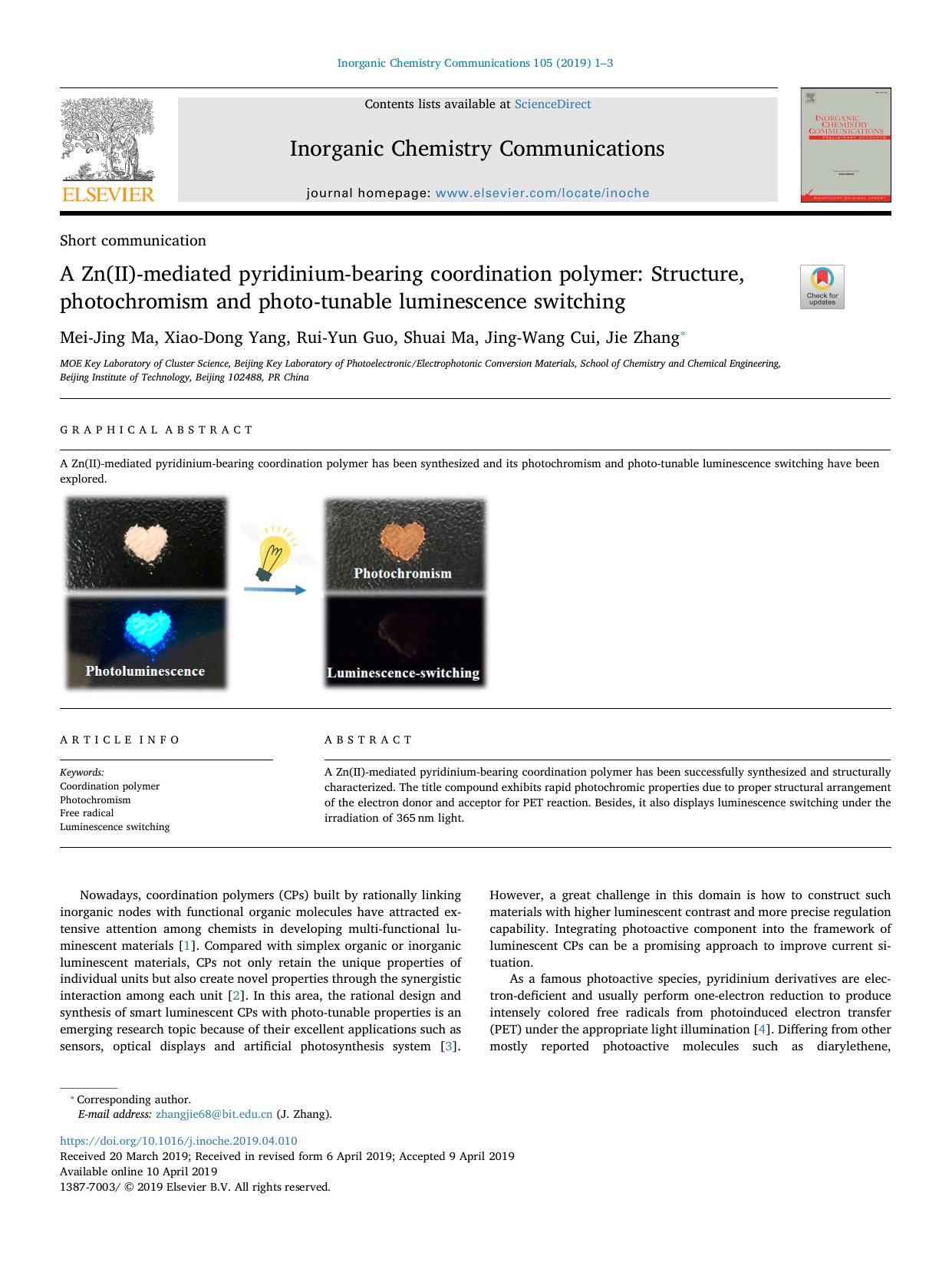 A Zn(II)-mediated pyridinium-bearing coordination polymer_ Structure, photochromism and photo-tunable luminescence switching by Mei-Jing Ma & Xiao-Dong Yang & Rui-Yun Guo & Shuai Ma & Jing-Wang Cui & Jie Zhang