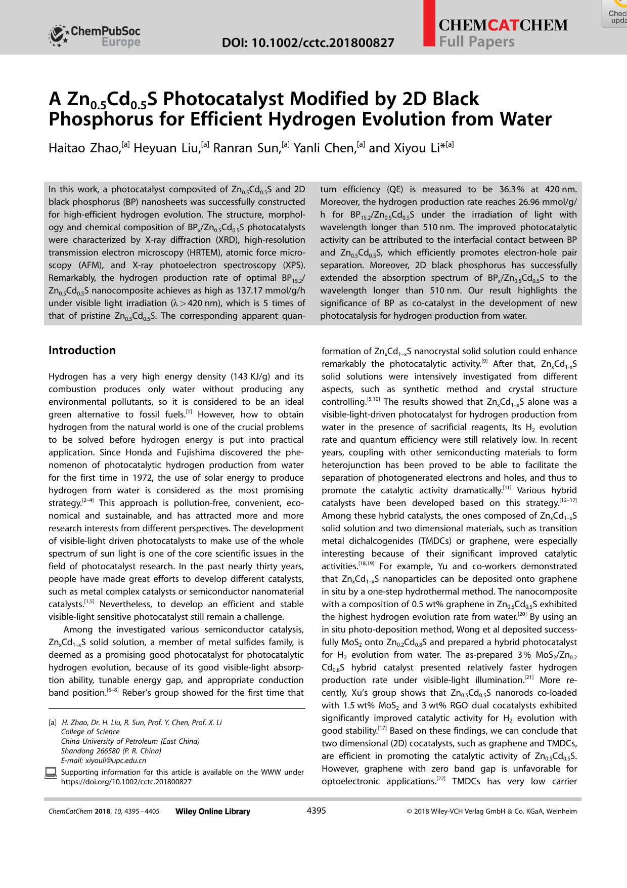 A Zn0.5Cd0.5S Photocatalyst Modified by 2D Black Phosphorus for Efficient Hydrogen Evolution from Water by Unknown
