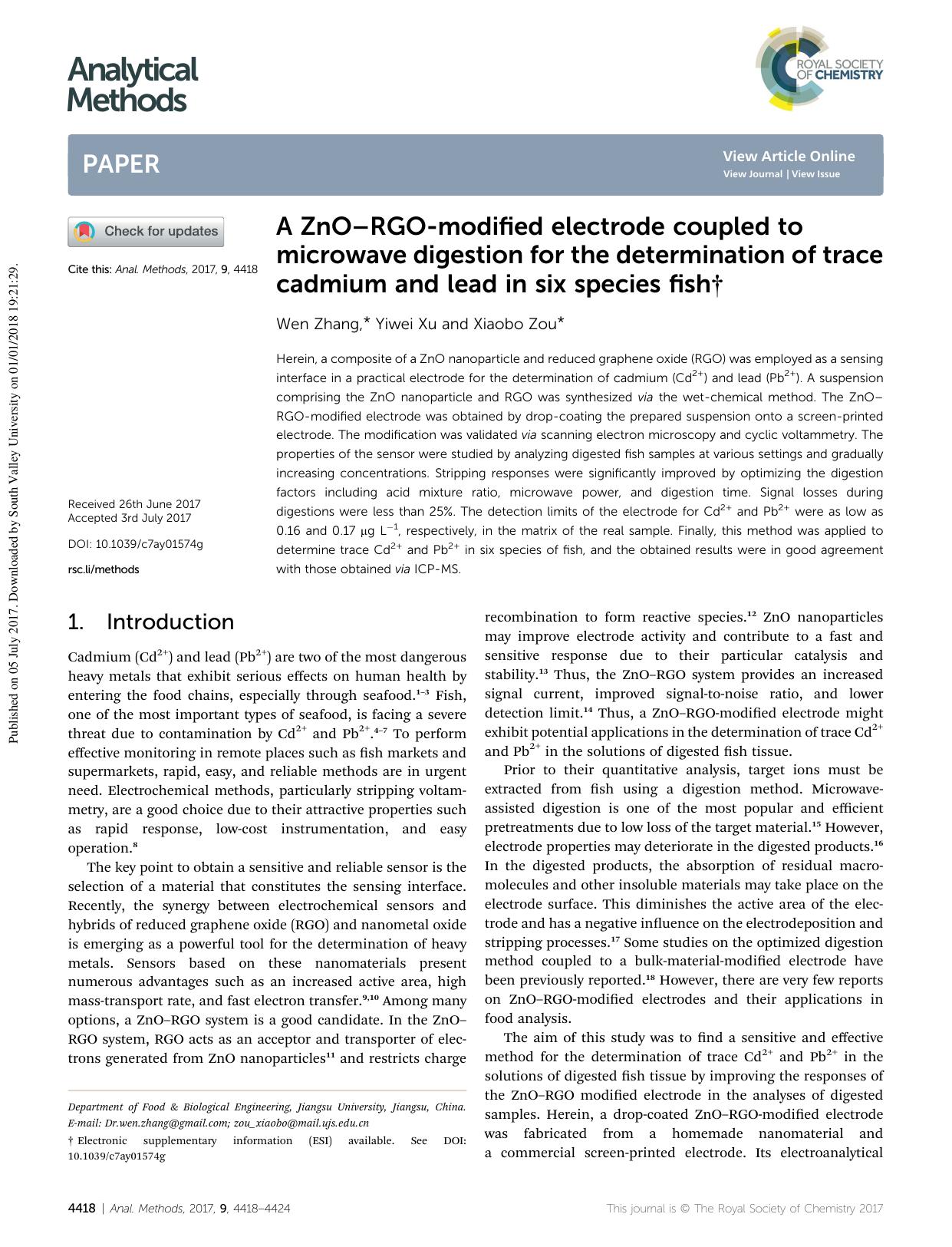 A ZnOâRGO-modified electrode coupled to microwave digestion for the determination of trace cadmium and lead in six species fish by Wen Zhang & Yiwei Xu & Xiaobo Zou