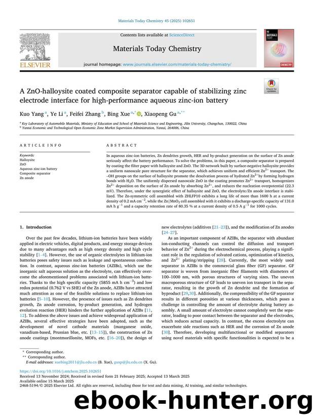A ZnO-halloysite coated composite separator capable of stabilizing zinc electrode interface for high-performance aqueous zinc-ion battery by Kuo Yang & Ye Li & Feifei Zhang & Bing Xue & Xiaopeng Gu