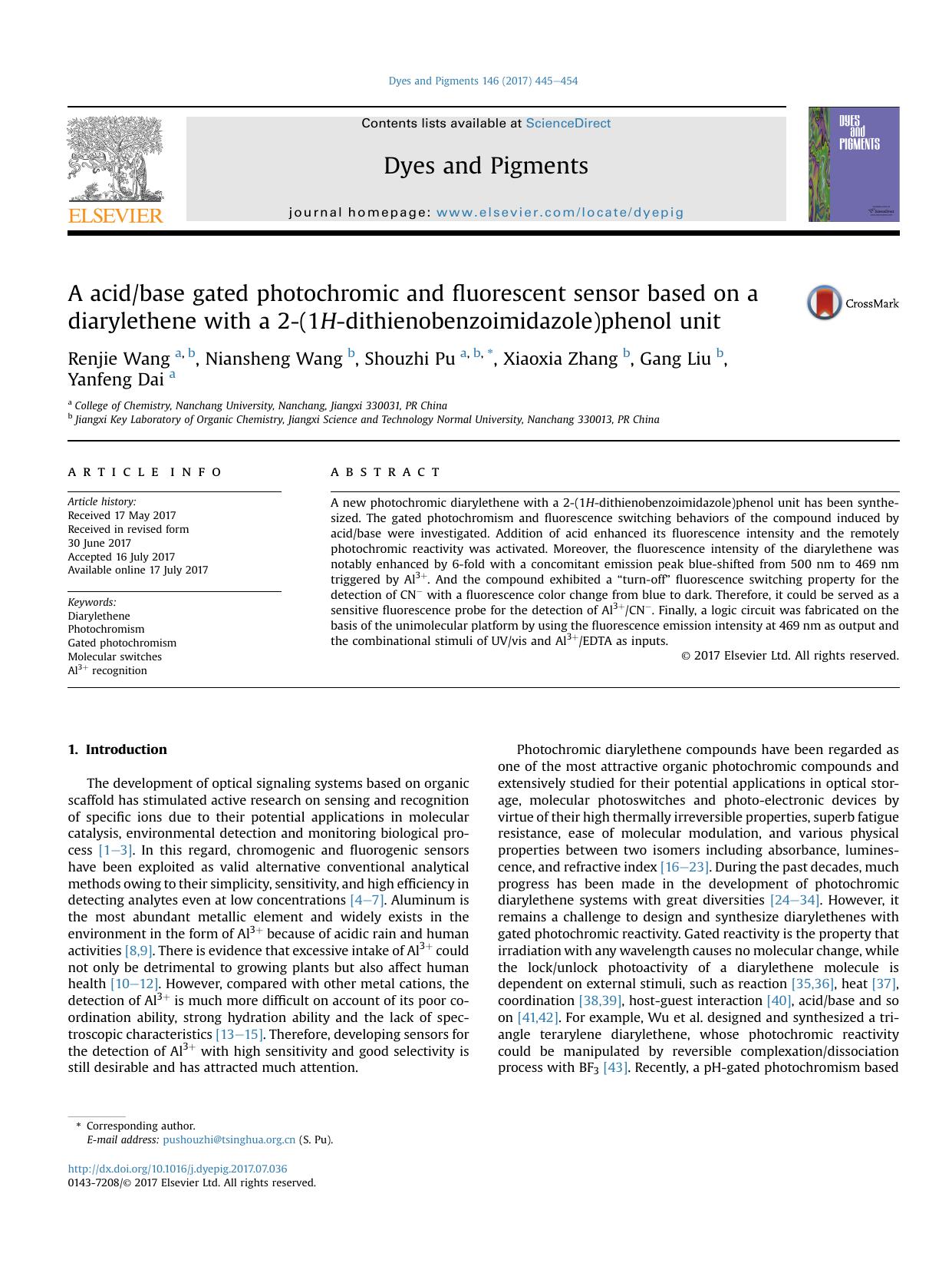 A acidbase gated photochromic and fluorescent sensor based on a diarylethene with a 2-(1H-dithienobenzoimidazole)phenol unit by Renjie Wang & Niansheng Wang & Shouzhi Pu & Xiaoxia Zhang & Gang Liu & Yanfeng Dai