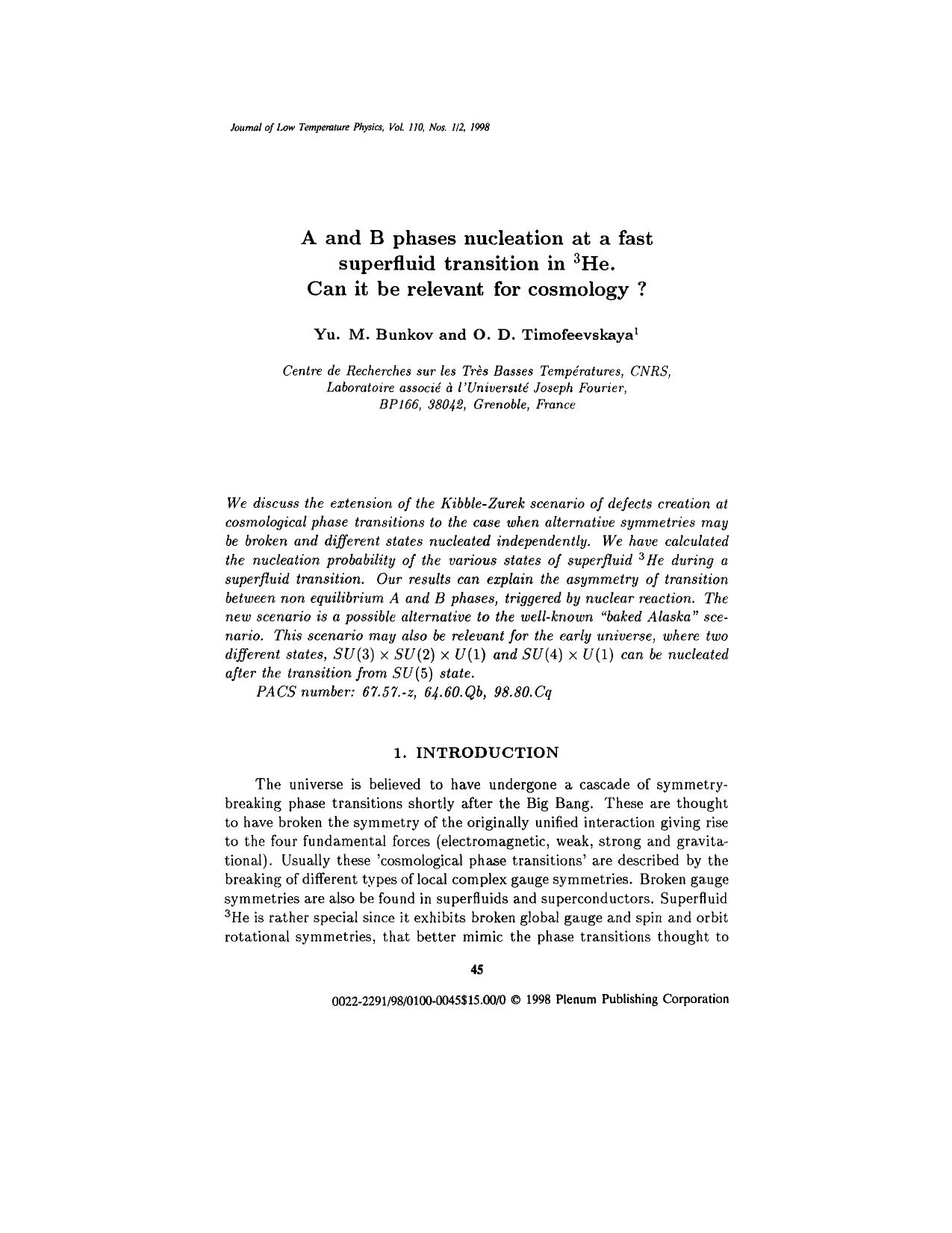A and B Phases Nucleation at a Fast Superfluid Transition in <Superscript>3<Superscript>He. Can It Be Relevant for Cosmology ? by Unknown