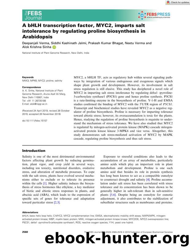 A bHLH transcription factor, MYC2, imparts salt intolerance by regulating proline biosynthesis in Arabidopsis by Unknown
