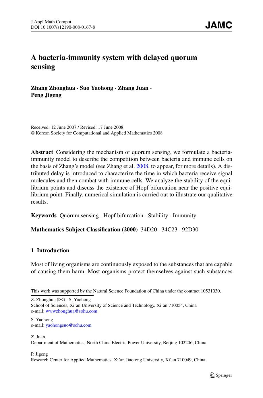A bacteria-immunity system with delayed quorum sensing by Zhonghua Z. Yaohong S. Juan Z
