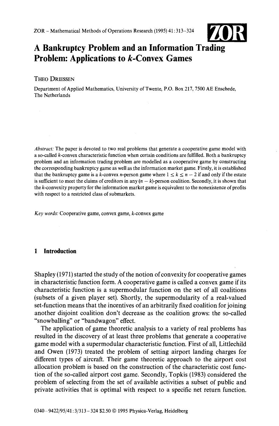 A bankruptcy problem and an information trading problem: Applications to <Emphasis Type="Italic">k <Emphasis>-convex games by Unknown