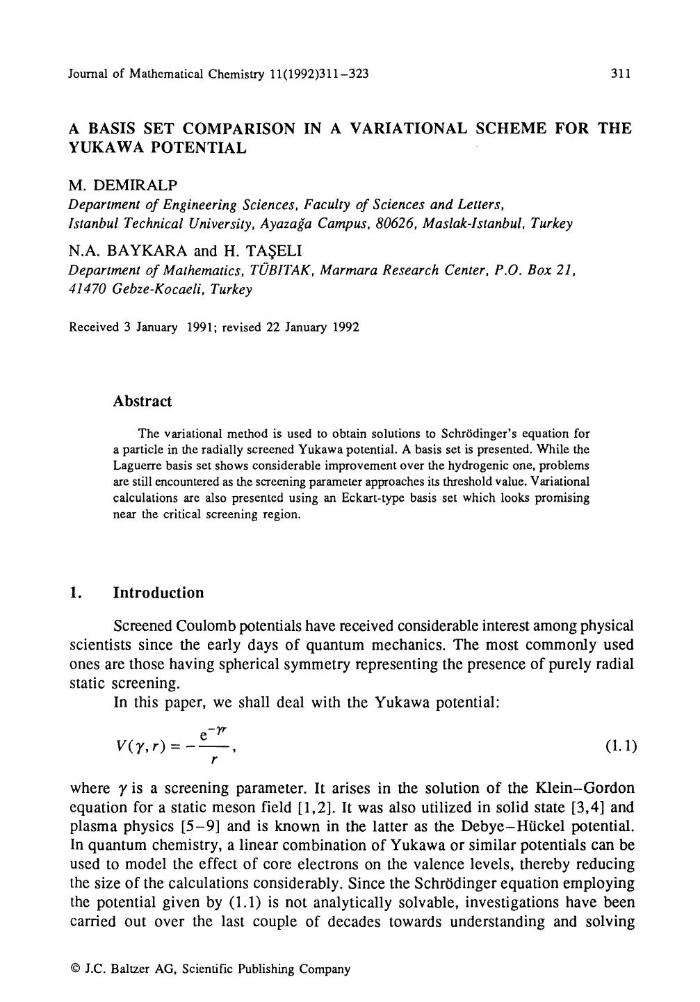 A basis set comparison in a variational scheme for the Yukawa potential by Unknown