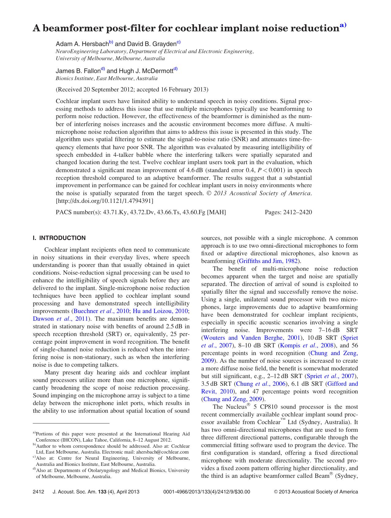 A beamformer post-filter for cochlear implant noise reductiona) by Adam A. Hersbachb) David B. Graydenc) James B. Fallond) and Hugh J. McDermottd)