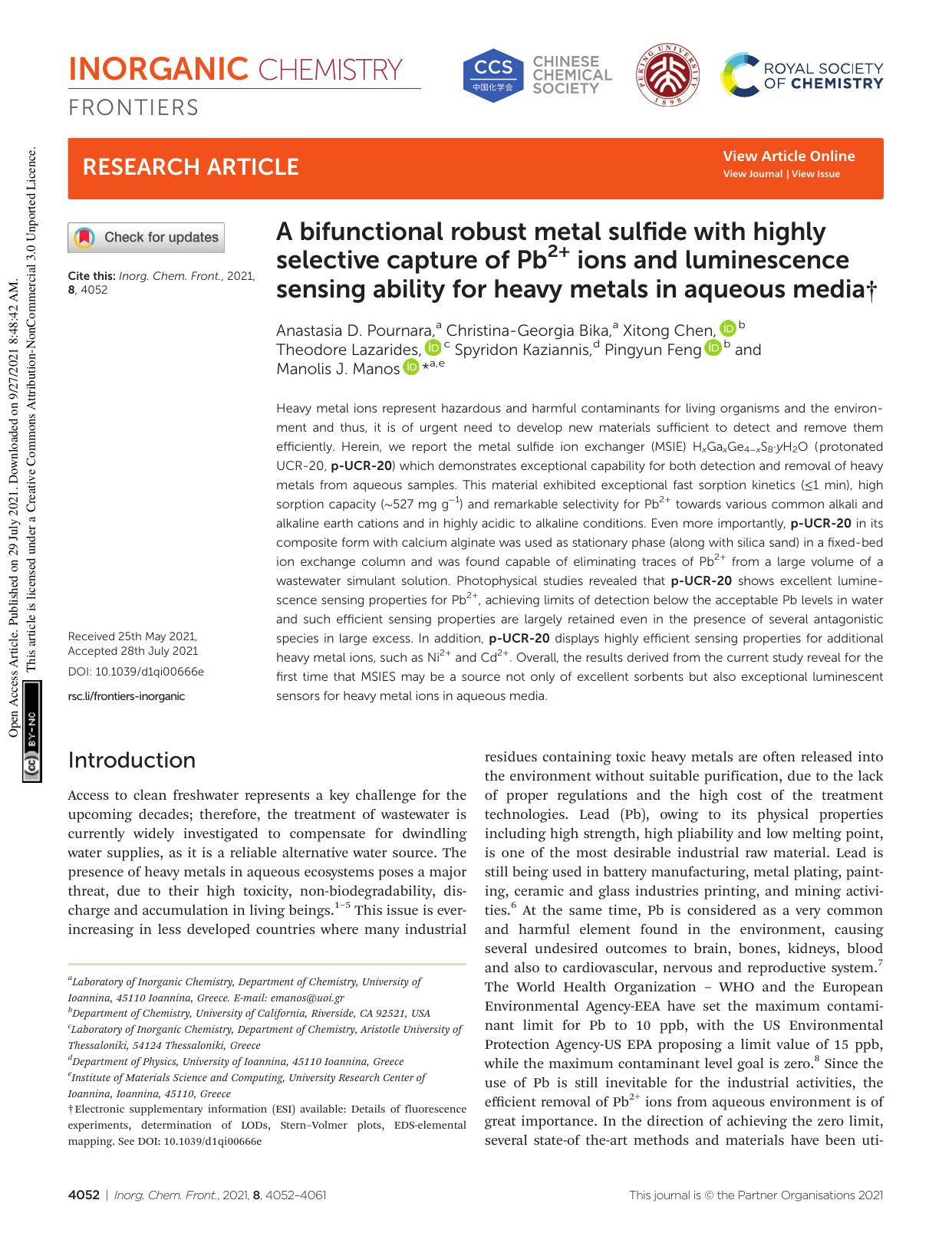 A bifunctional robust metal sulfide with highly selective capture of Pb2+ ions and luminescence sensing ability for heavy metals in aqueous media by unknow