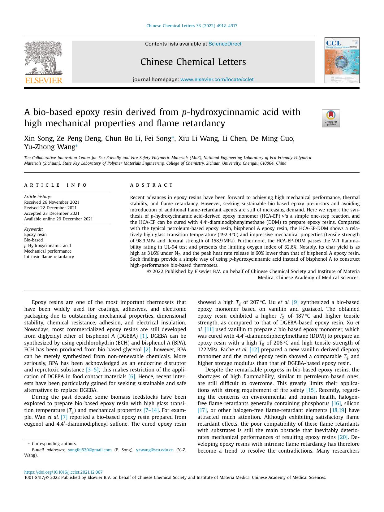 A bio-based epoxy resin derived from p-hydroxycinnamic acid with high mechanical properties and flame retardancy by unknow