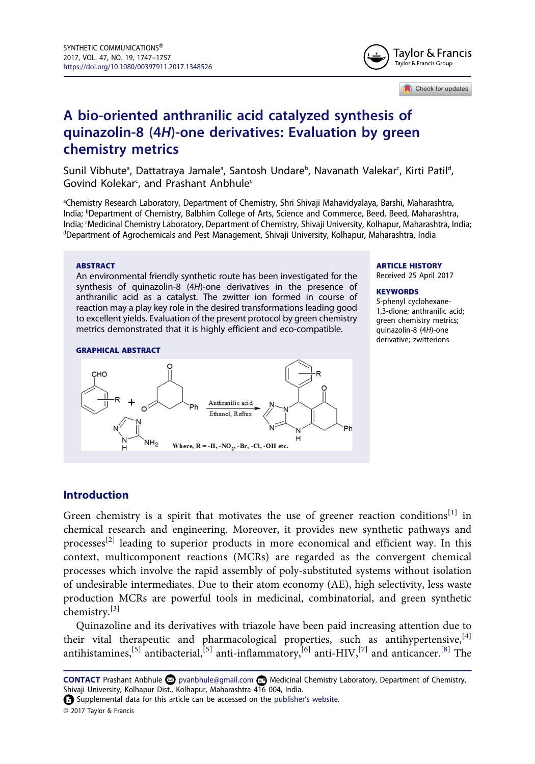 A bio-oriented anthranilic acid catalyzed synthesis of quinazolin-8 (4H)-one derivatives: Evaluation by green chemistry metrics by Sunil Vibhute