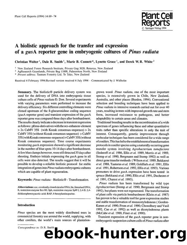 A biolistic approach for the transfer and expression of a  <Emphasis Type="Italic">gus <Emphasis>A. reporter gene in embryogenic cultures of  <Emphasis Type="Italic">Pinus radiata <Emphasis> by Unknown