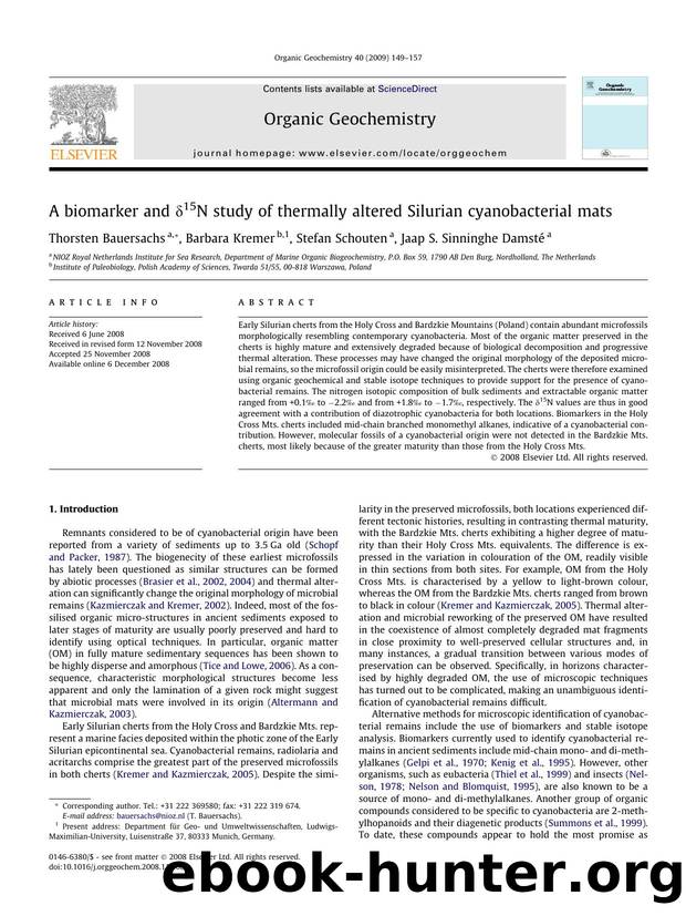 A biomarker and Î´15N study of thermally altered Silurian cyanobacterial mats by Thorsten Bauersachs; Barbara Kremer; Stefan Schouten; Jaap S. Sinninghe Damsté