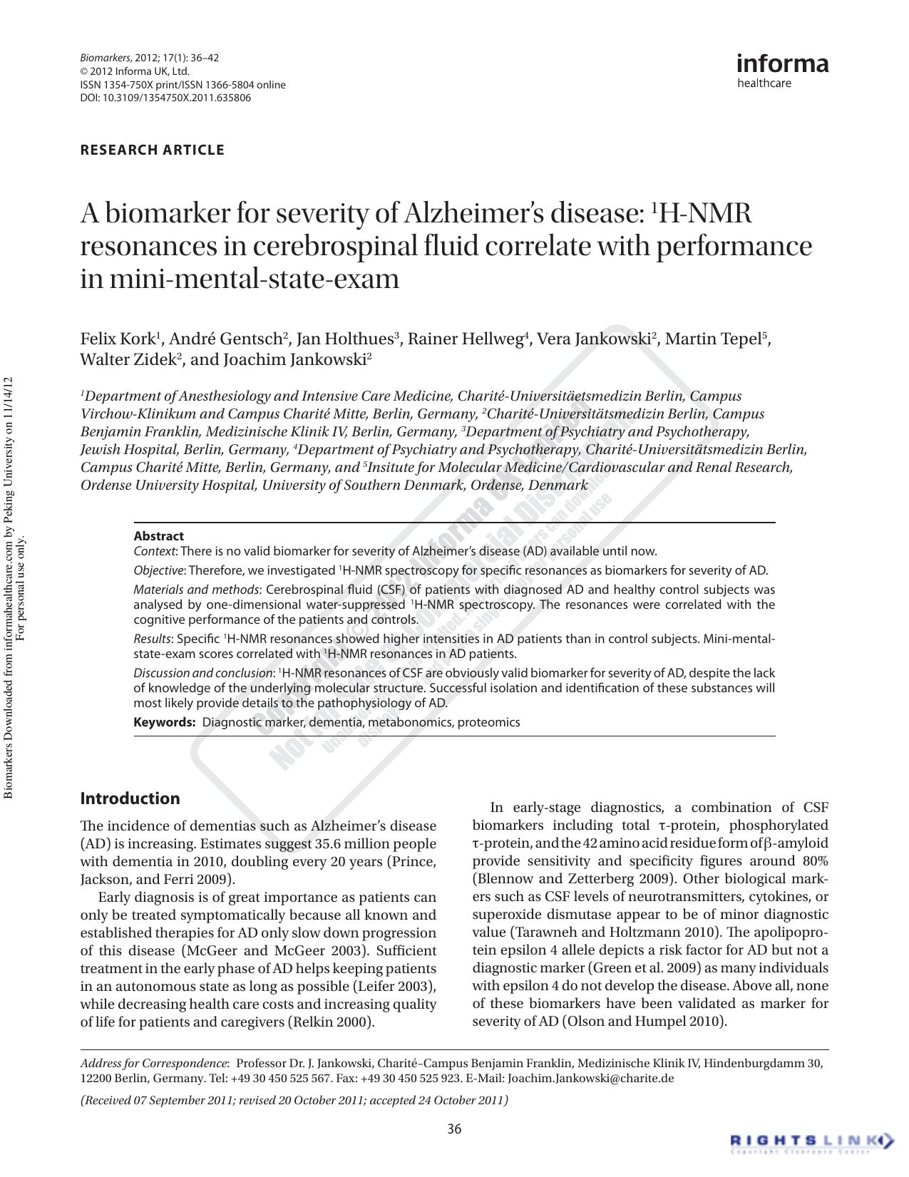 A biomarker for severity of Alzheimerâs disease: 1H-NMR resonances in cerebrospinal fluid correlate with performance in mini-mental-state-exam by unknow