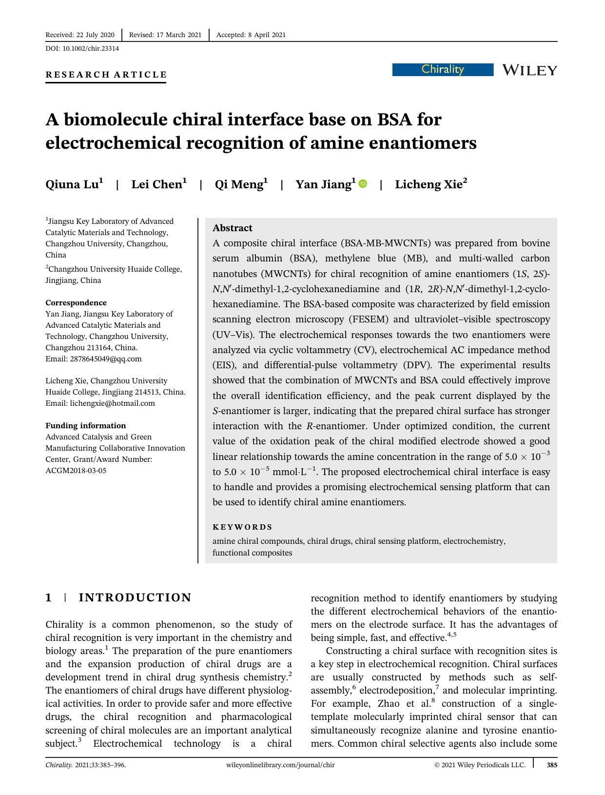A biomolecule chiral interface base on BSA for electrochemical recognition of amine enantiomers by Qiuna Lu Lei Chen Qi Meng Yan Jiang Licheng Xie
