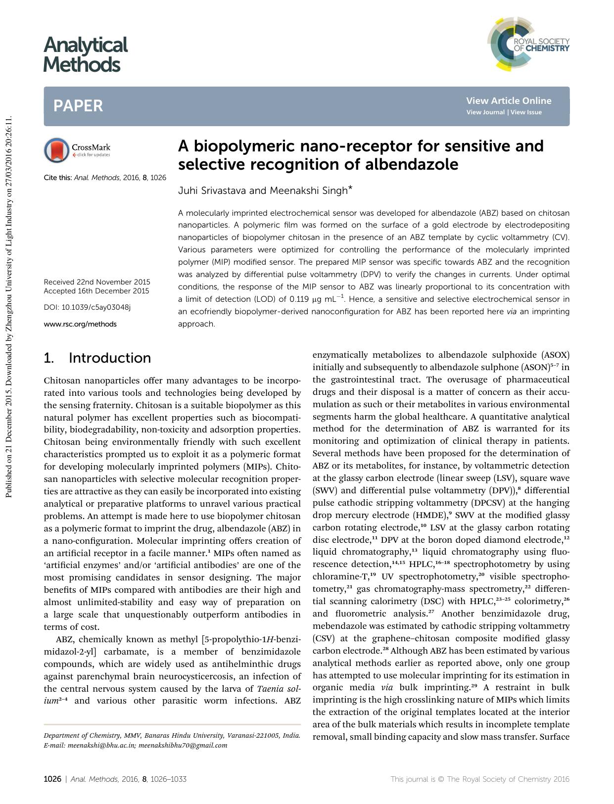 A biopolymeric nano-receptor for sensitive and selective recognition of albendazole by Juhi Srivastava & Meenakshi Singh