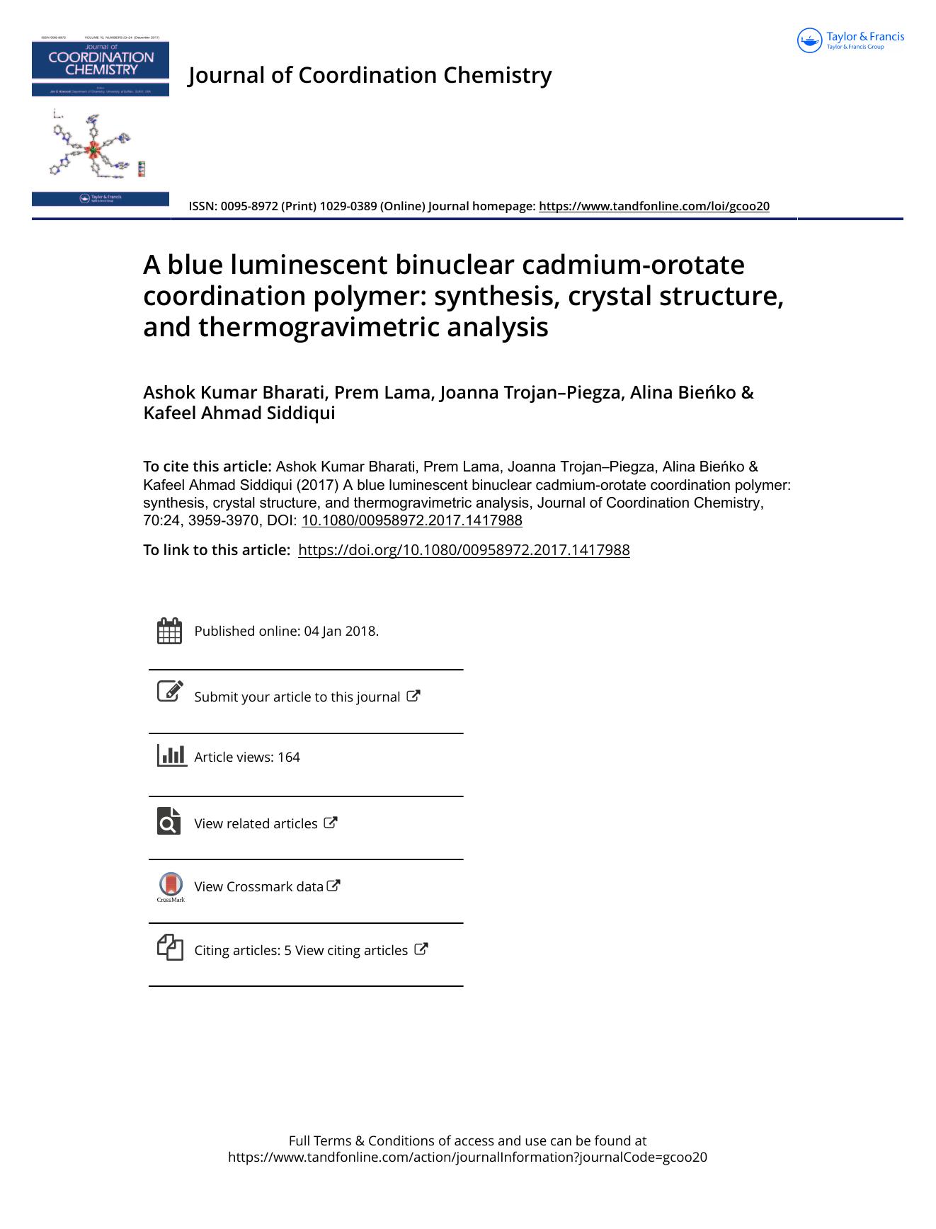 A blue luminescent binuclear cadmium-orotate coordination polymer: synthesis, crystal structure, and thermogravimetric analysis by Ashok Kumar Bharati & Prem Lama & Joanna Trojan–Piegza & Alina Bieńko & Kafeel Ahmad Siddiqui