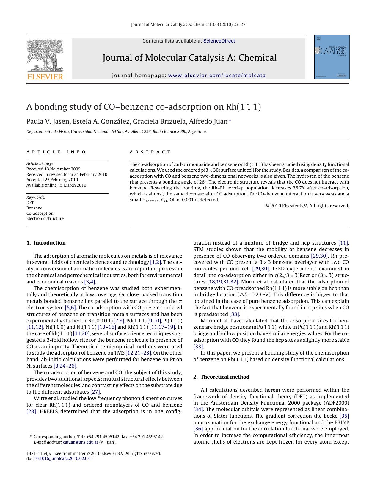 A bonding study of COÃ¢â¬âbenzene co-adsorption on Rh(111) by Paula V. Jasen; Estela A. GonzÃ¡lez; Graciela Brizuela; Alfredo Juan