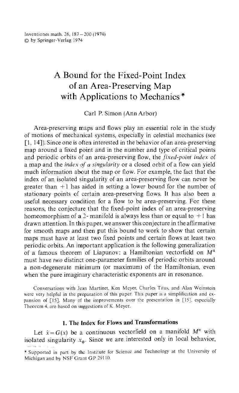 A bound for the fixed-point index of an area-preserving map with applications to mechanics by Unknown