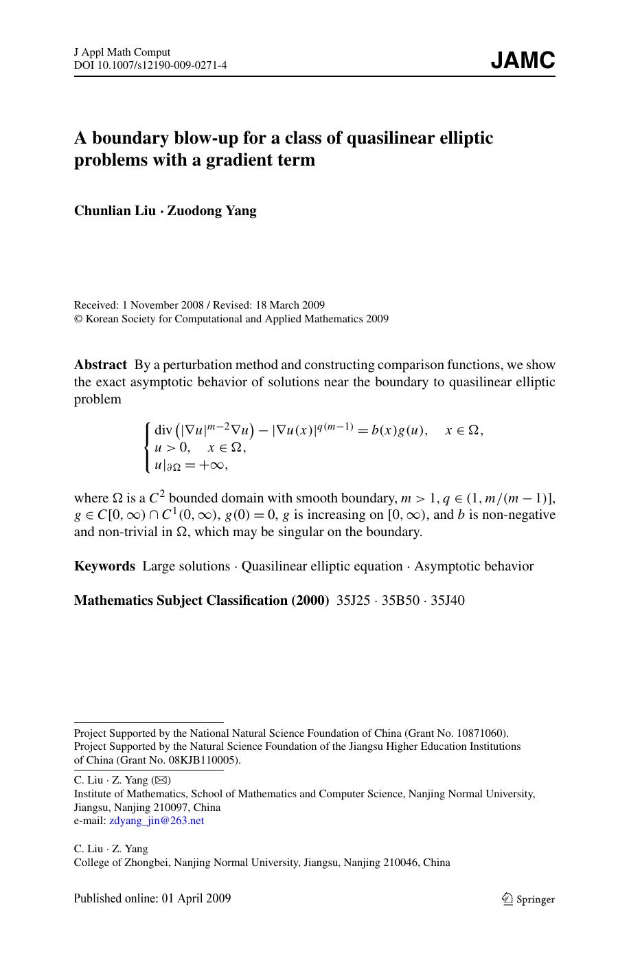 A boundary blow-up for a class of quasilinear elliptic problems with a gradient term by Liu Ch. Yang Z