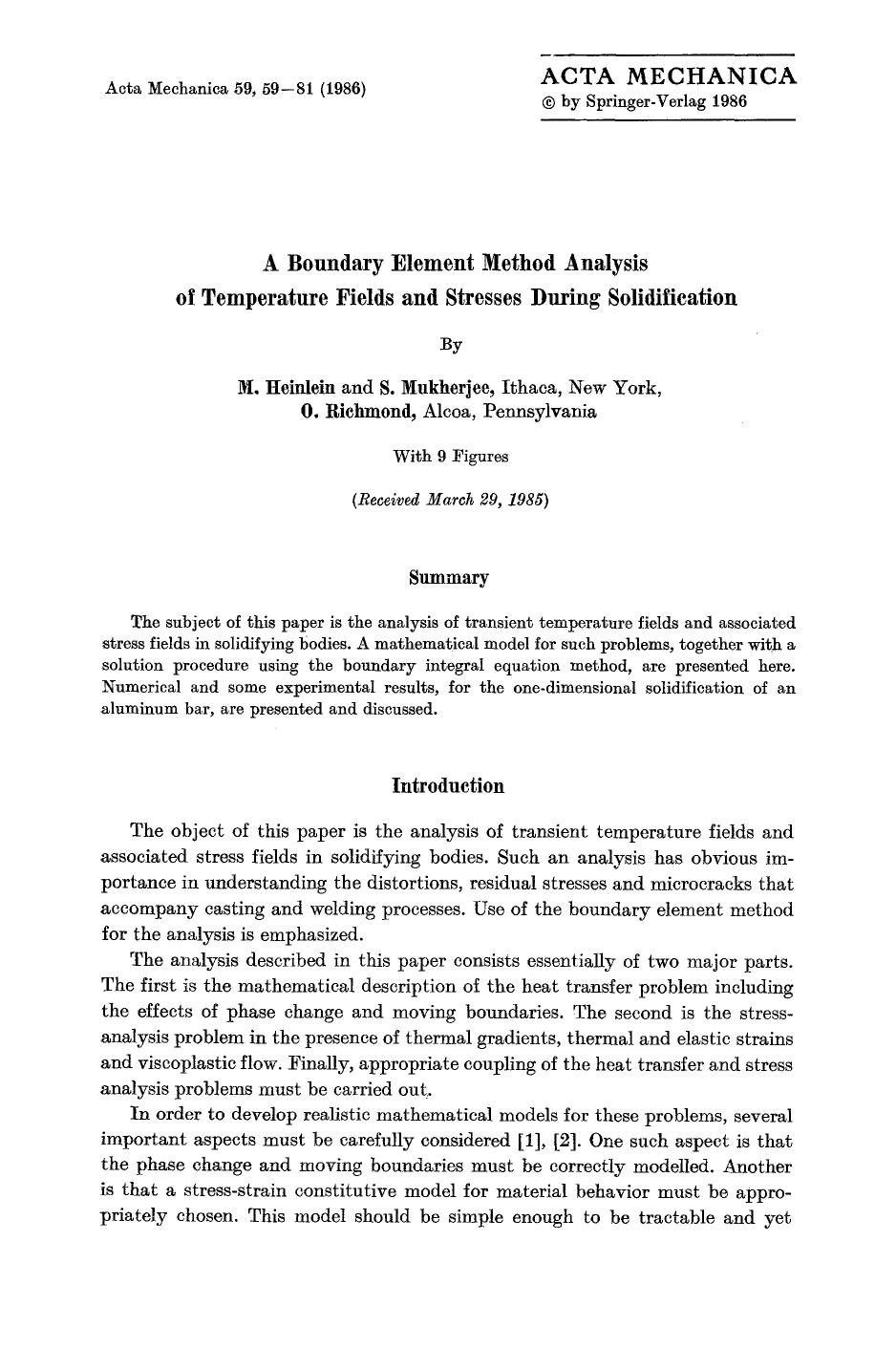 A boundary element method analysis of temperature fields and stresses during solidification by Unknown