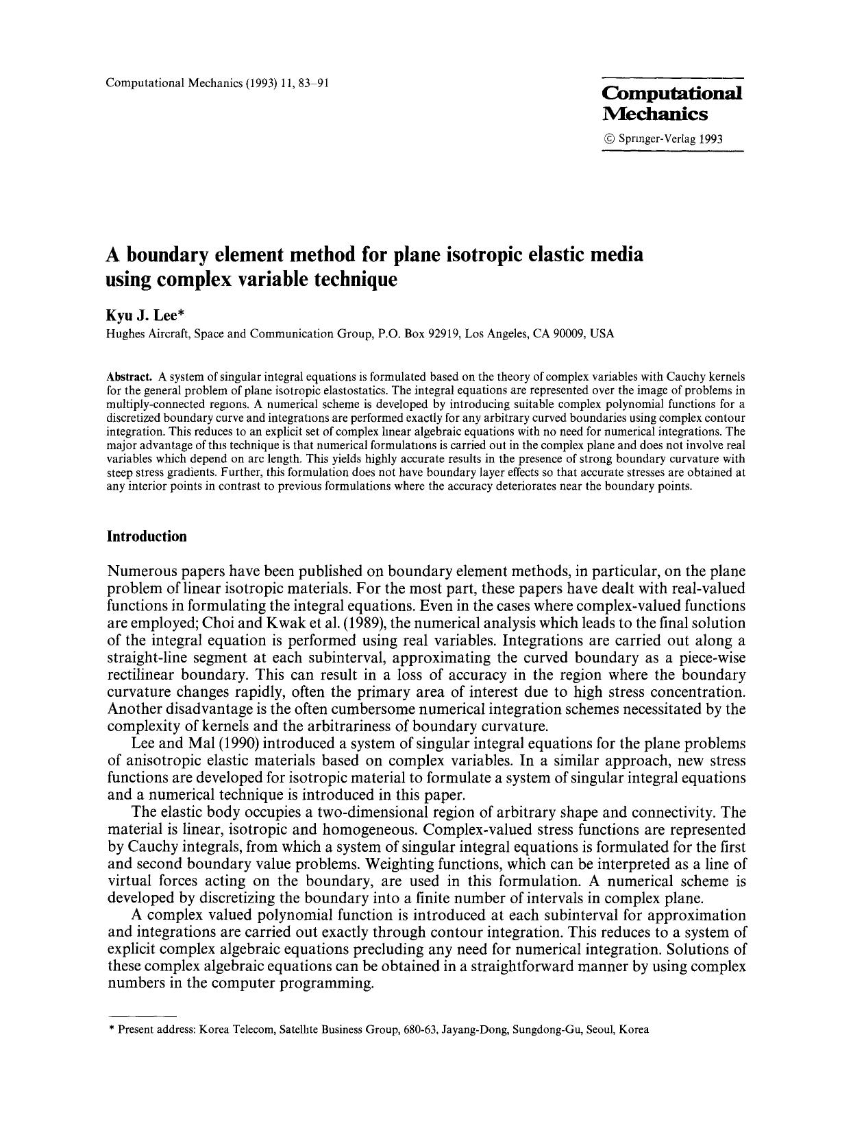 A boundary element method for plane isotropic elastic media using complex variable technique by Unknown