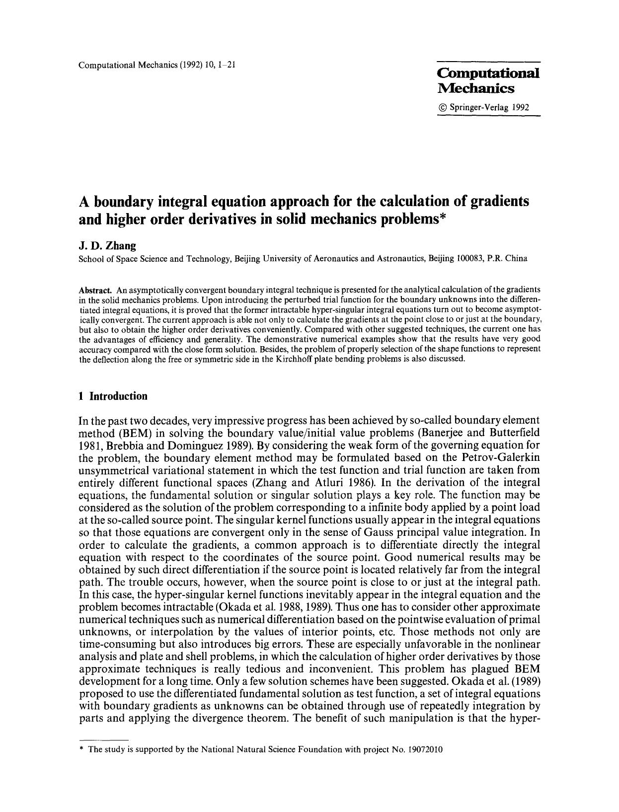 A boundary integral equation approach for the calculation of gradients and higher order derivatives in solid mechanics problems by Unknown