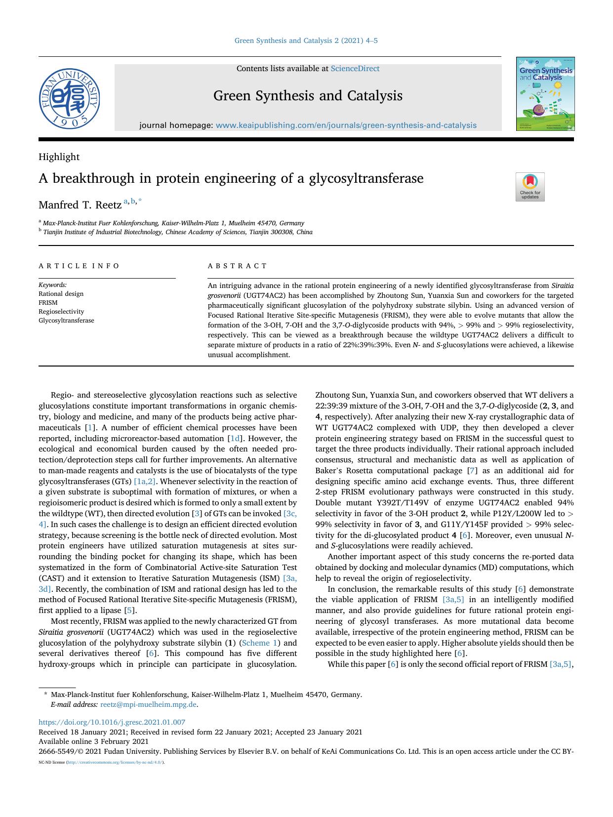 A breakthrough in protein engineering of a glycosyltransferase by Manfred T. Reetz