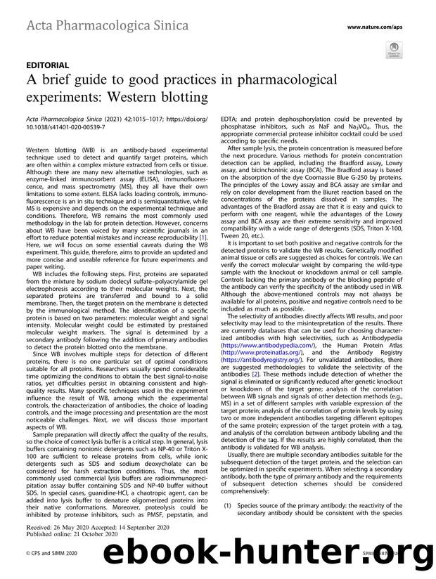 A brief guide to good practices in pharmacological experiments: Western blotting by Lu Tie & Han Xiao & Da-lei Wu & Ye Yang & Pei Wang