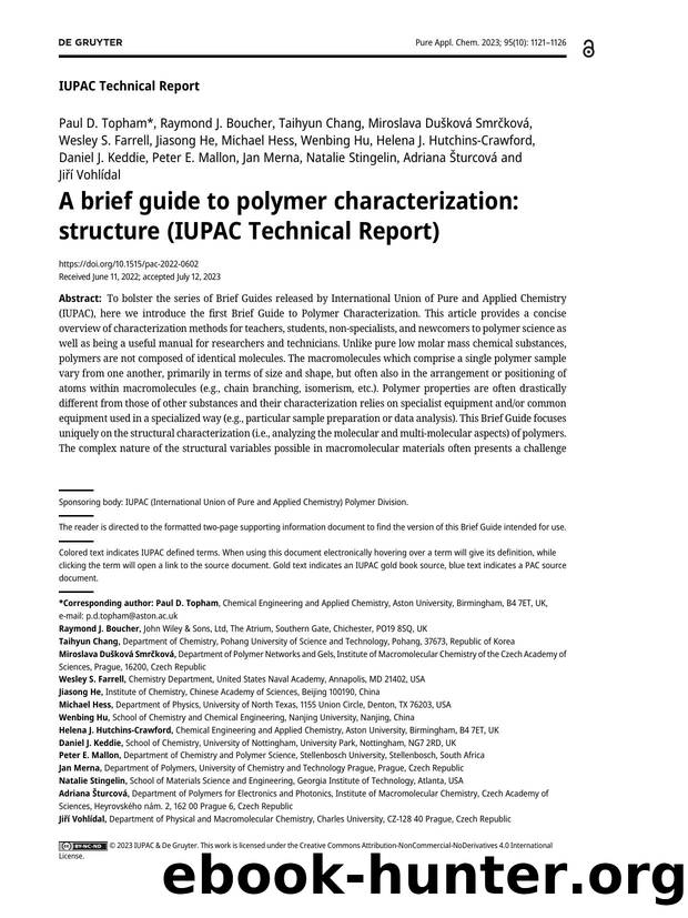 A brief guide to polymer characterization: structure &#40;IUPAC Technical Report&#41; by Paul D. Topham