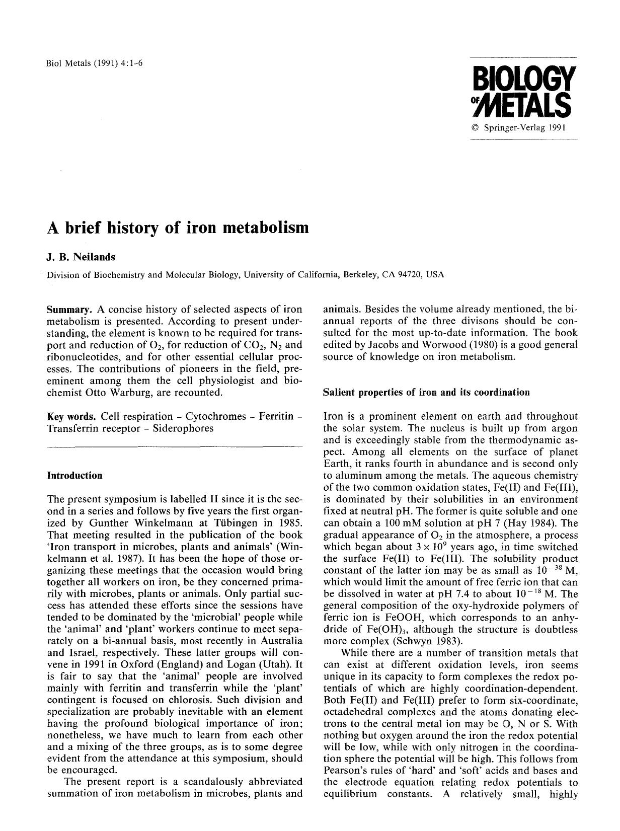 A brief history of iron metabolism by Unknown