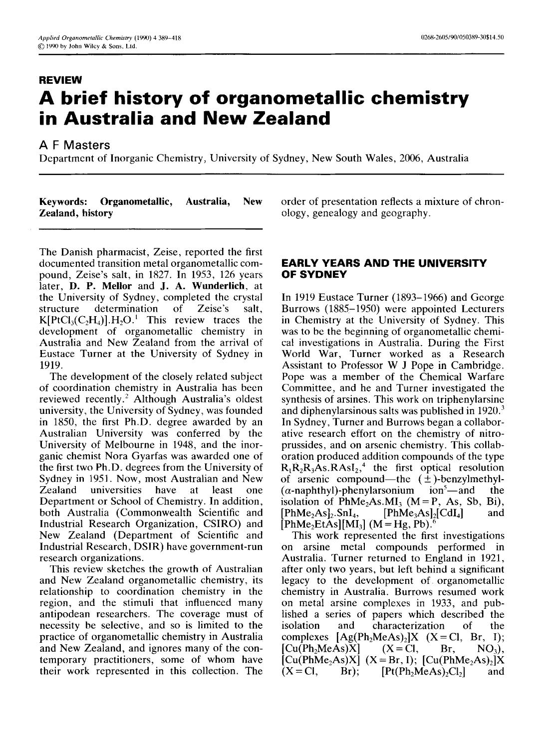 A brief history of organometallic chemistry in Australia and New Zealand by Unknown