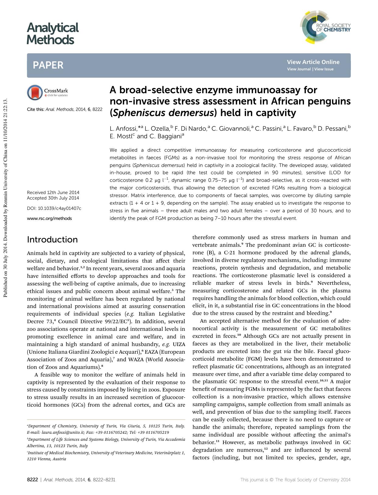 A broad-selective enzyme immunoassay for non-invasive stress assessment in African penguins (Spheniscus demersus) held in captivity by unknow