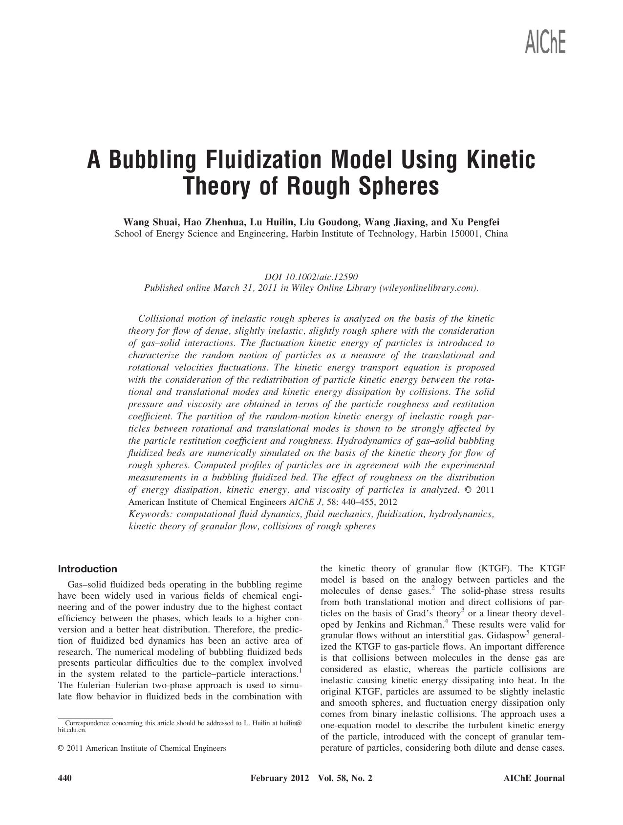 A bubbling fluidization model using kinetic theory of rough spheres by Unknown